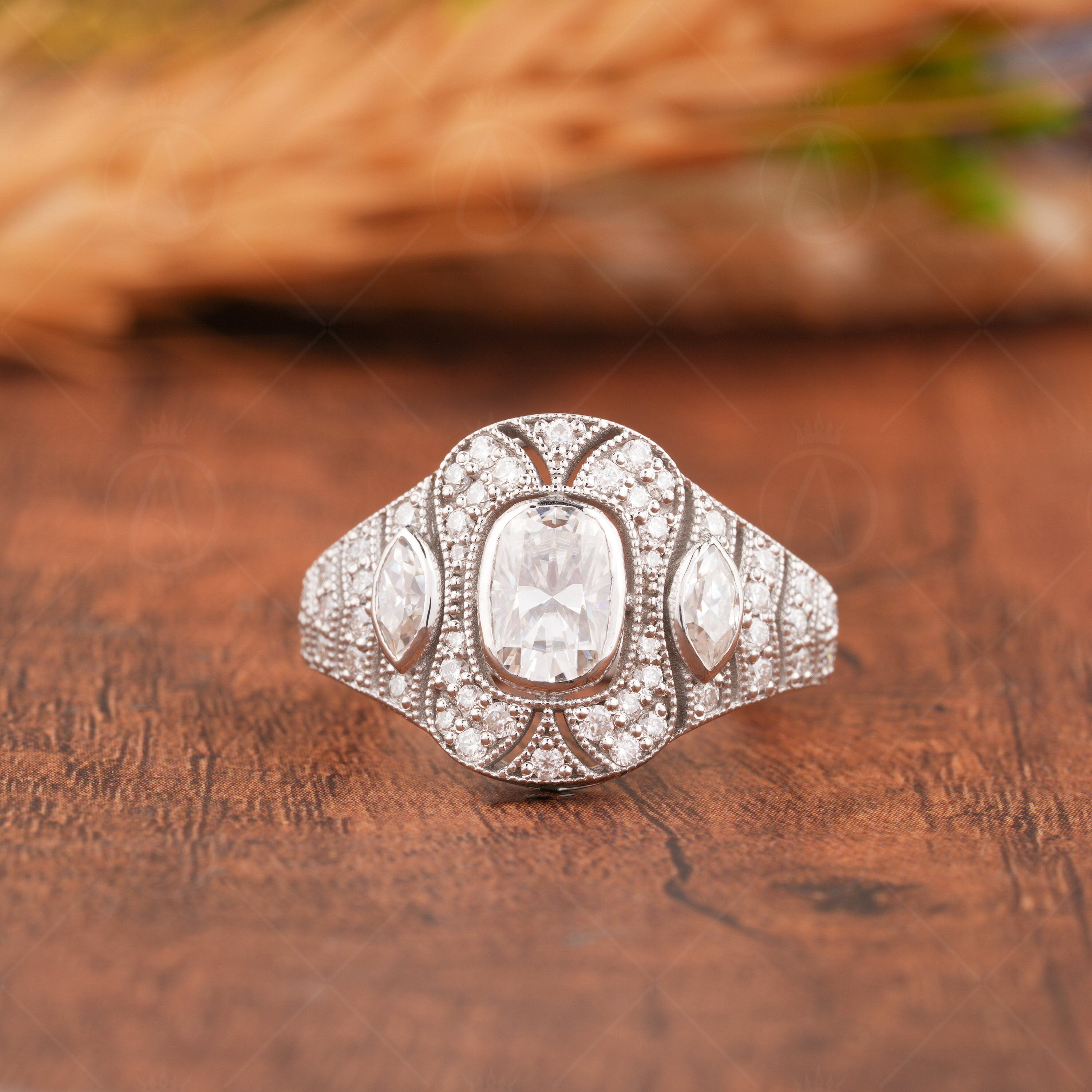 Art Deco Filigree Ring, Edwardian Moissanite Engagement Ring, Antique Milgrain Rings For Women, Unique Elongated Cushion Cut Ring