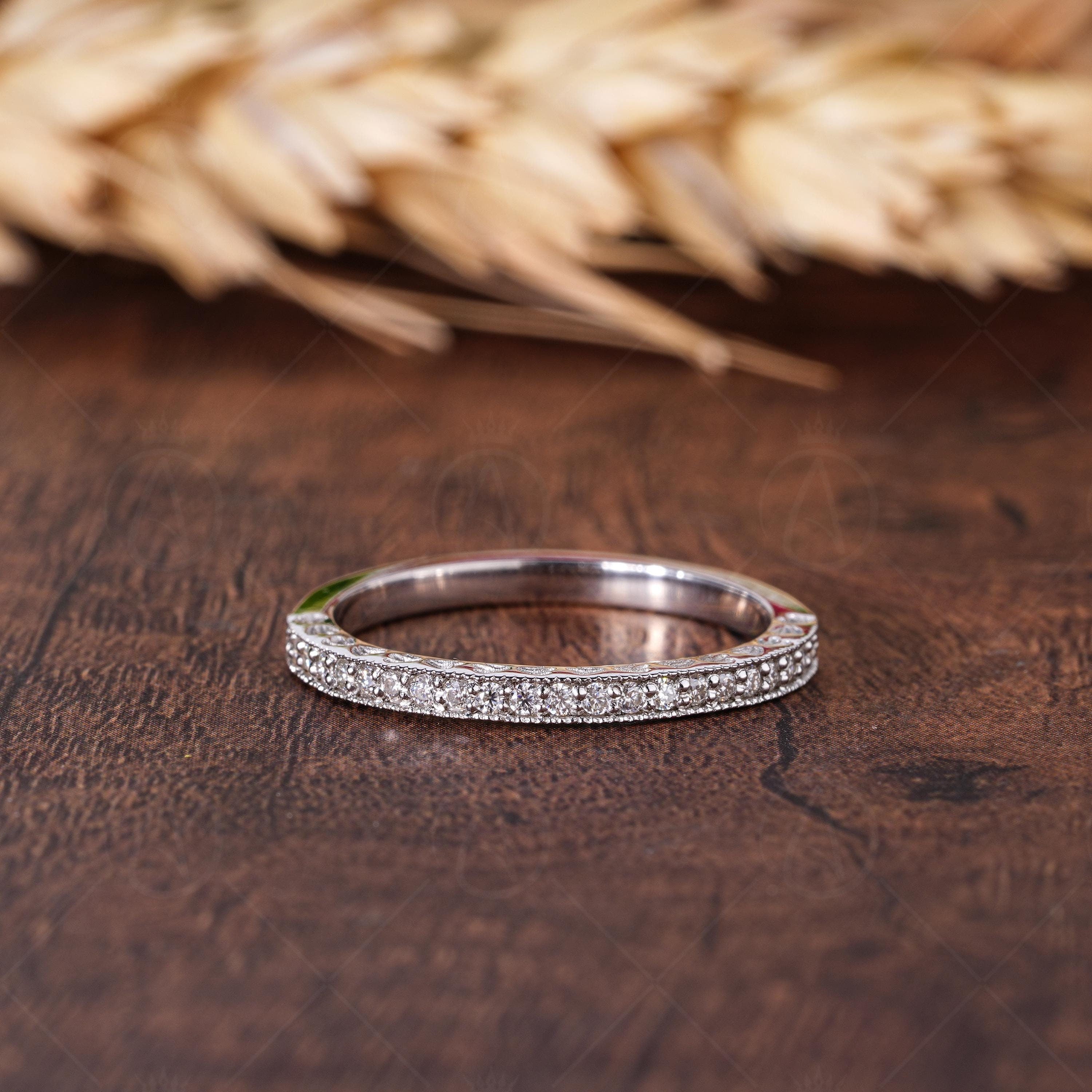 Carved Vintage Half Eternity Wedding Bands For Women, Engraved Art Deco Stackable Ring, Matching Eternity Band, Bridal Promise Ring