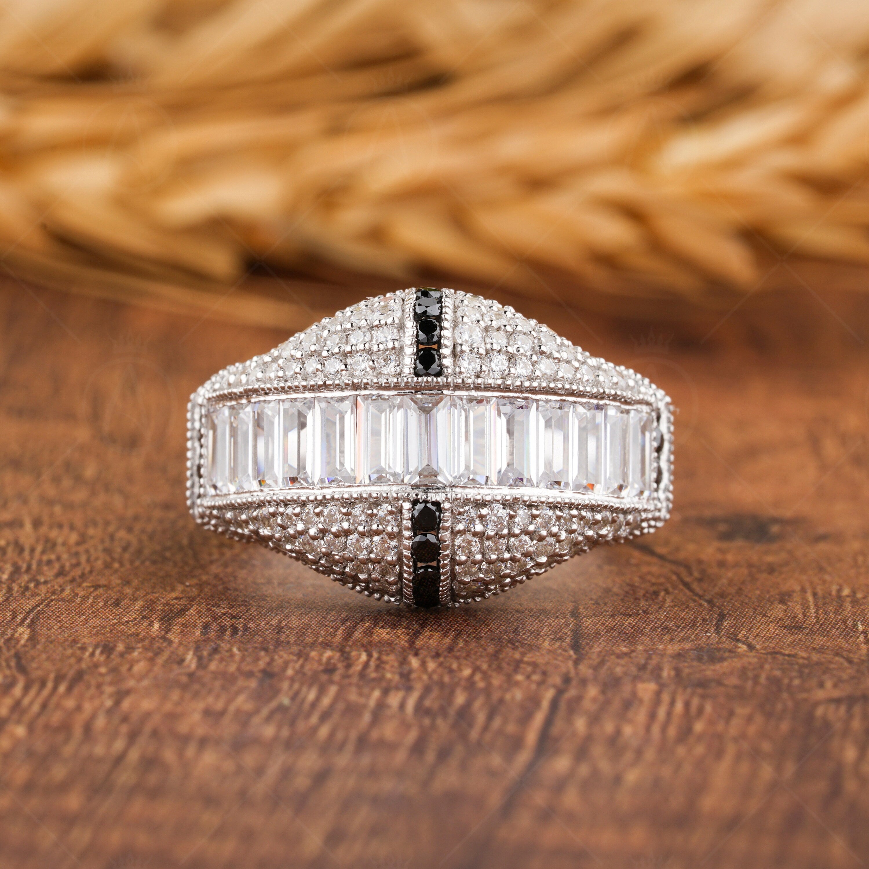 Vintage Statement Ring Women, Art Deco Dome Ring, Moissanite Chunky Dome Ring, Channel Baguette Engagement Ring, Unique Pave Milgrain Ring