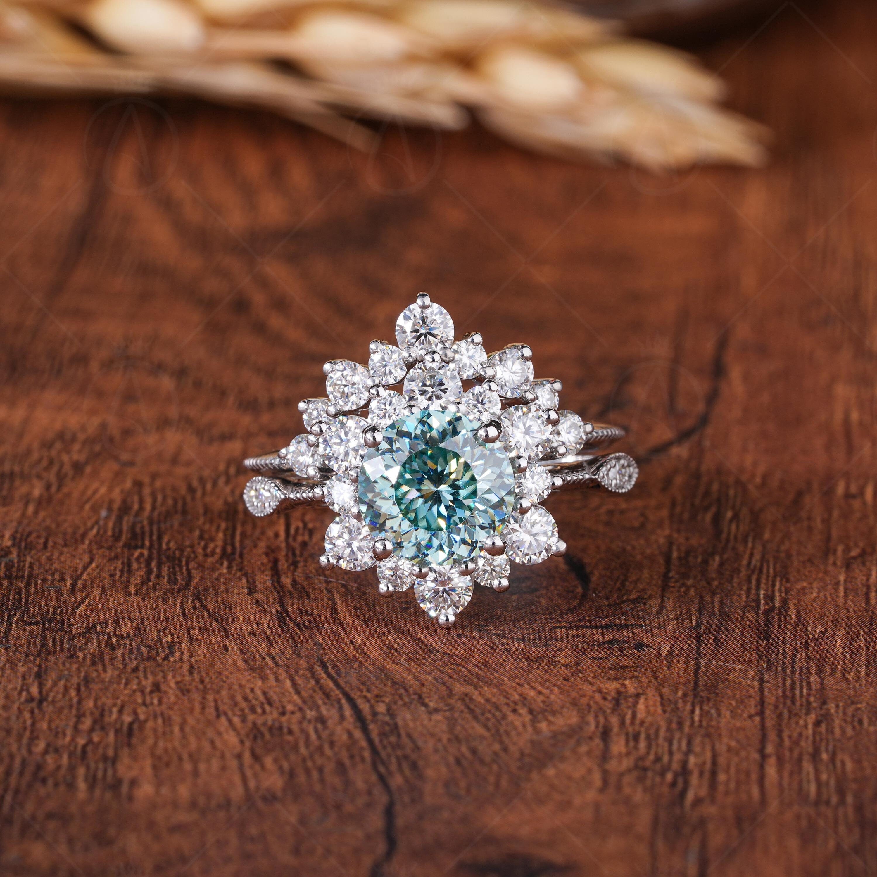 Art Deco Cyan Blue Portuguese Cut Moissanite Wedding Ring Set, Two Piece Bridal Sets For Women, Halo Engagement Ring With Matching Band