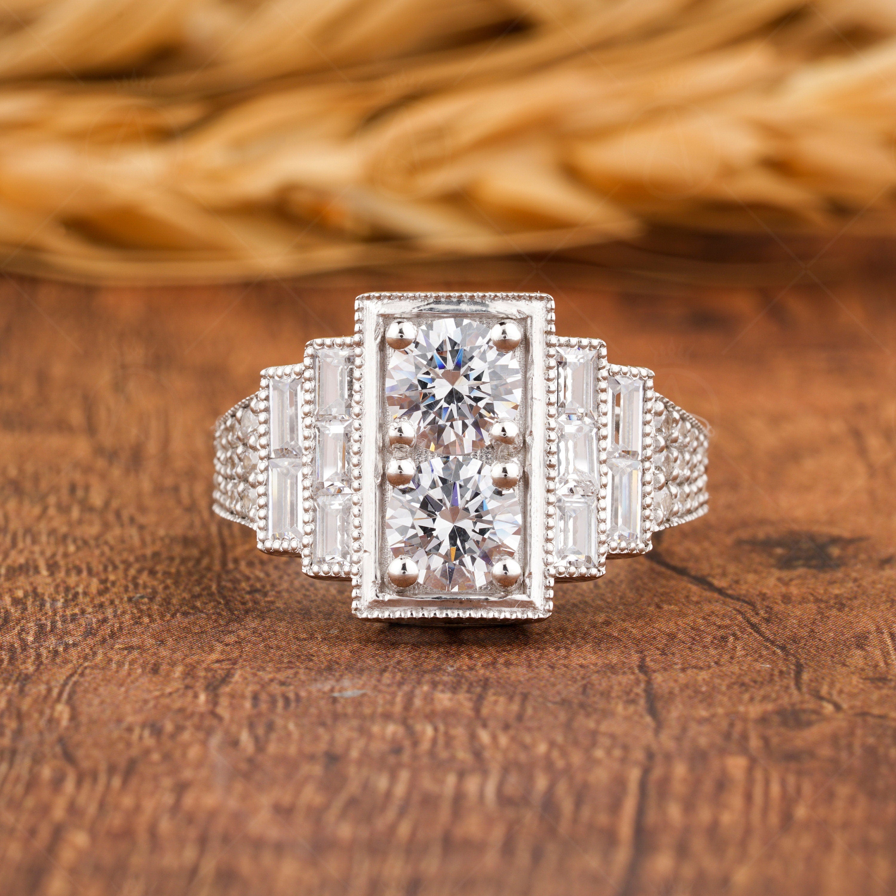 Edwardian Style Two Stone Round Engagement Ring, Antique Art Deco Inspired Ring, Vintage Moissanite Ring, Milgrain Promise Rings For Women