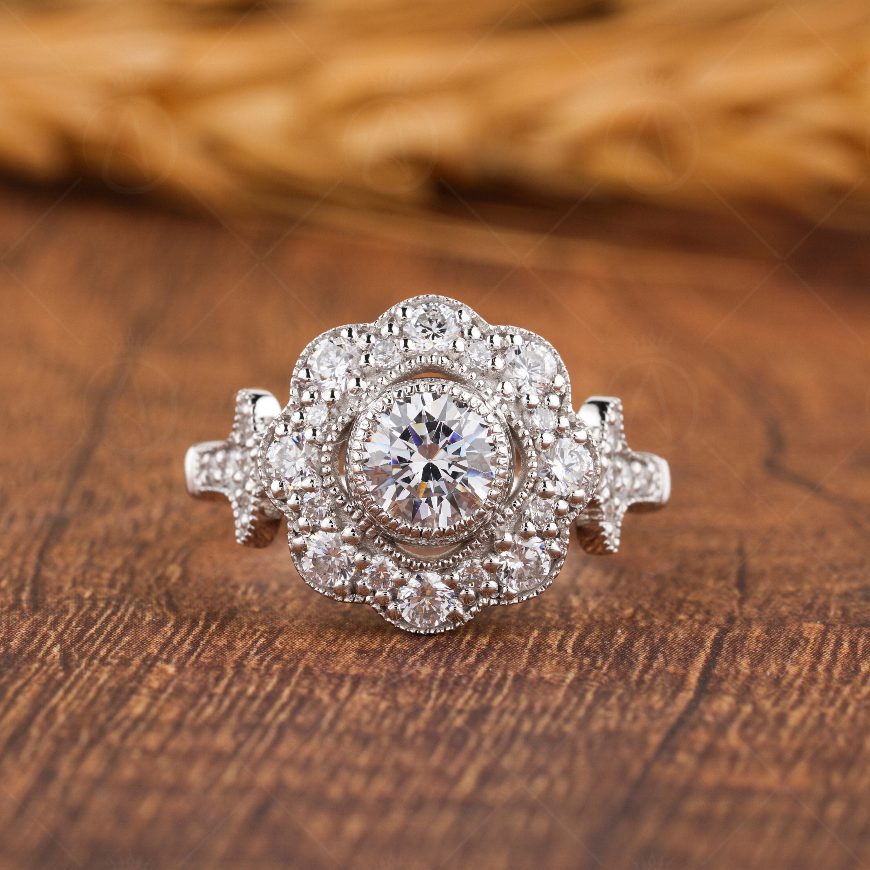 Floral Nature Inspired Ring, Vintage Art Deco Style Ring, Milgrain Ring, Antique Moissanite Halo Engagement Ring, Promise Rings For Women