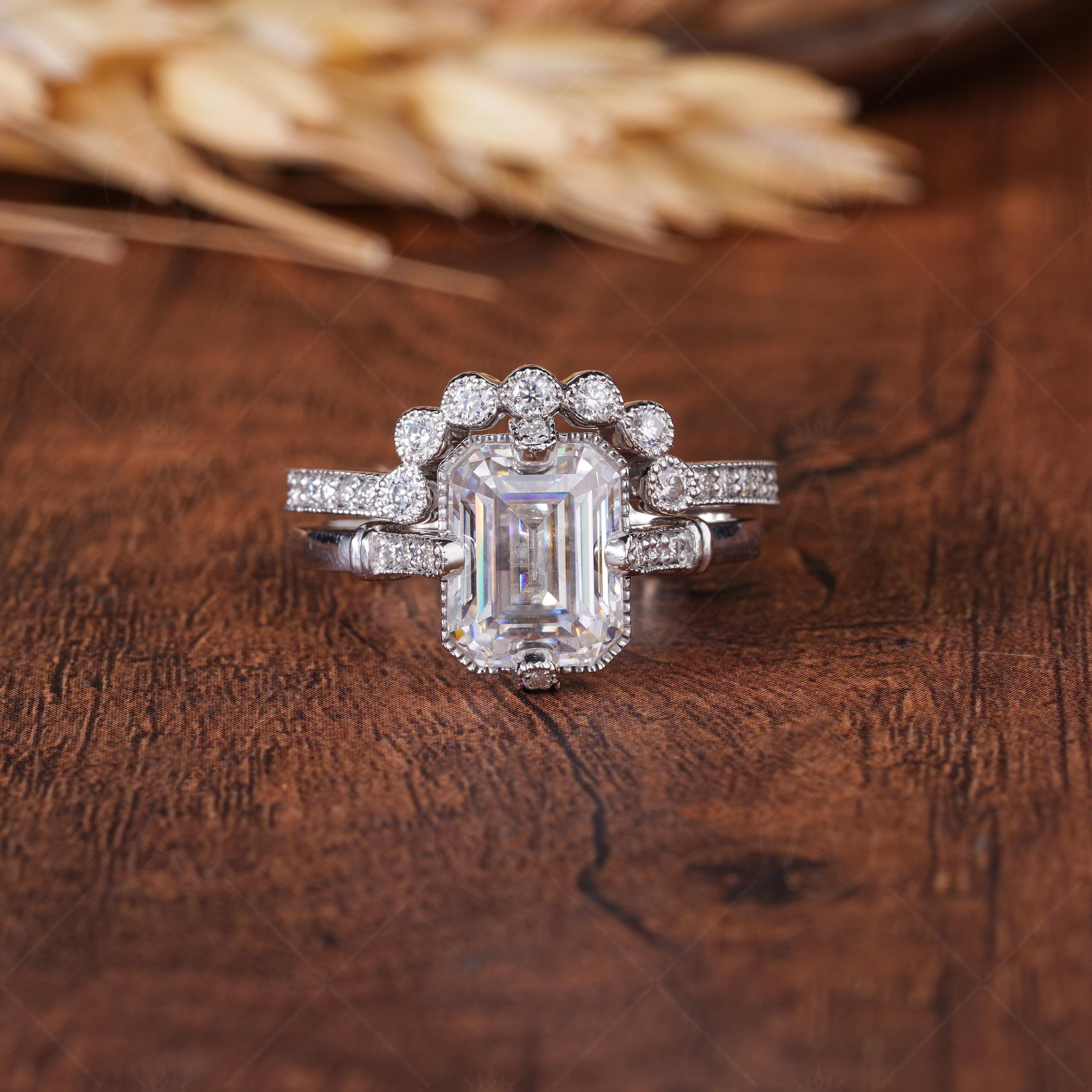 Art Deco Emerald Cut Engagement Ring, Moissanite Vintage Bridal Wedding Ring Set, Unique Vintage Milgrain Rings For Women