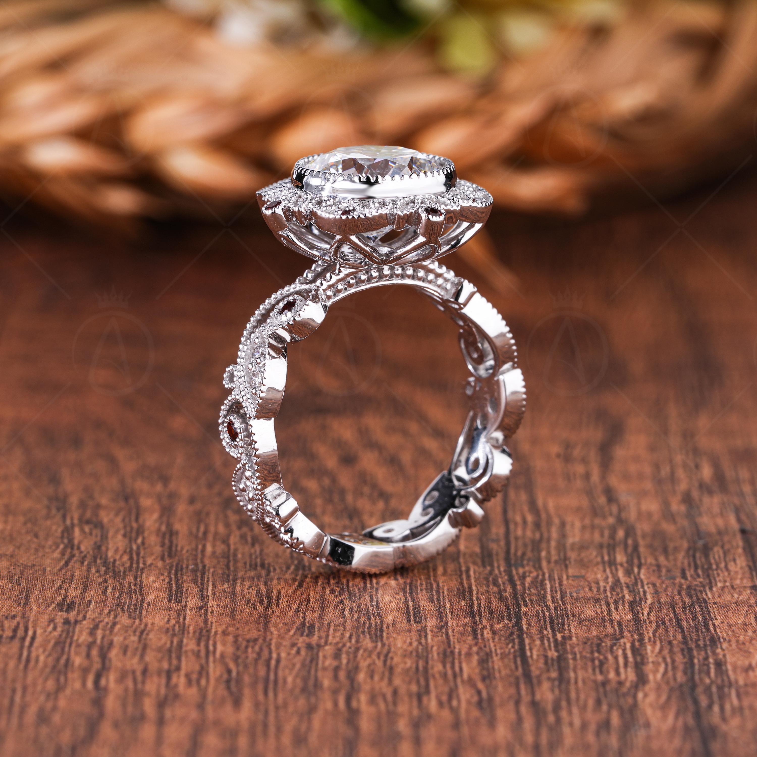 Art Deco Lab Grown Diamond Engagement Ring, Garnet Halo, Vintage Style