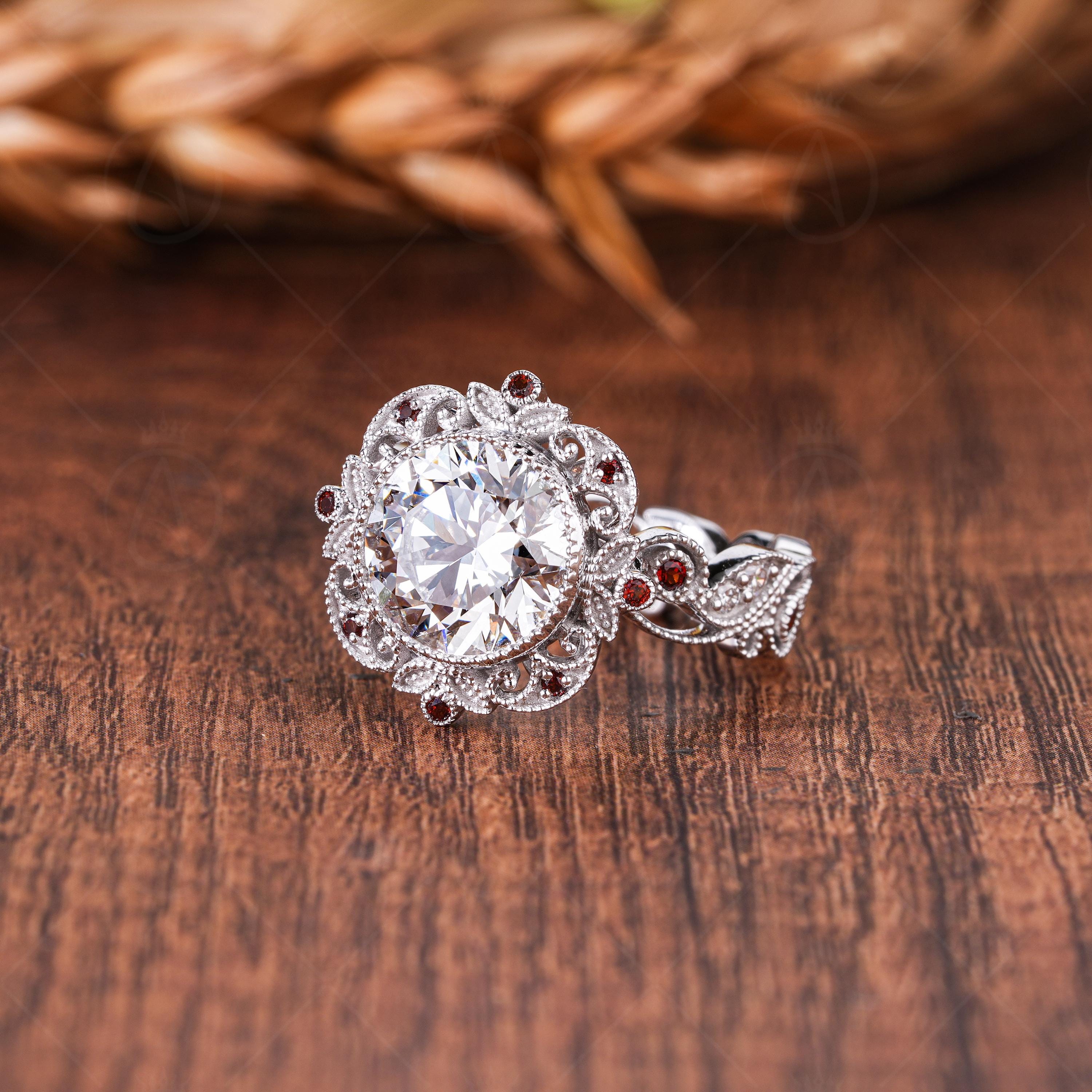 Art Deco Lab Grown Diamond Engagement Ring, Garnet Halo, Vintage Style