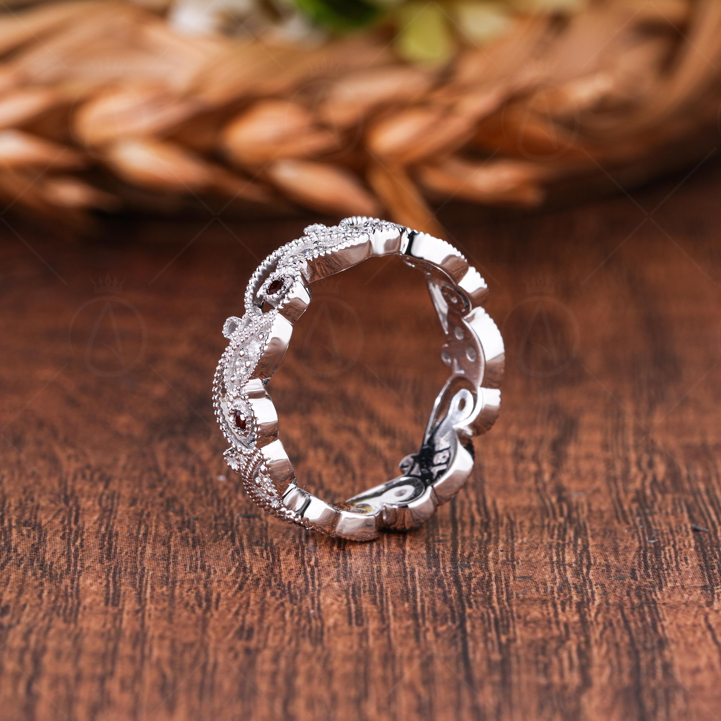 Milgrain Art Deco Lab Grown Diamond & Garnet Eternity Band
