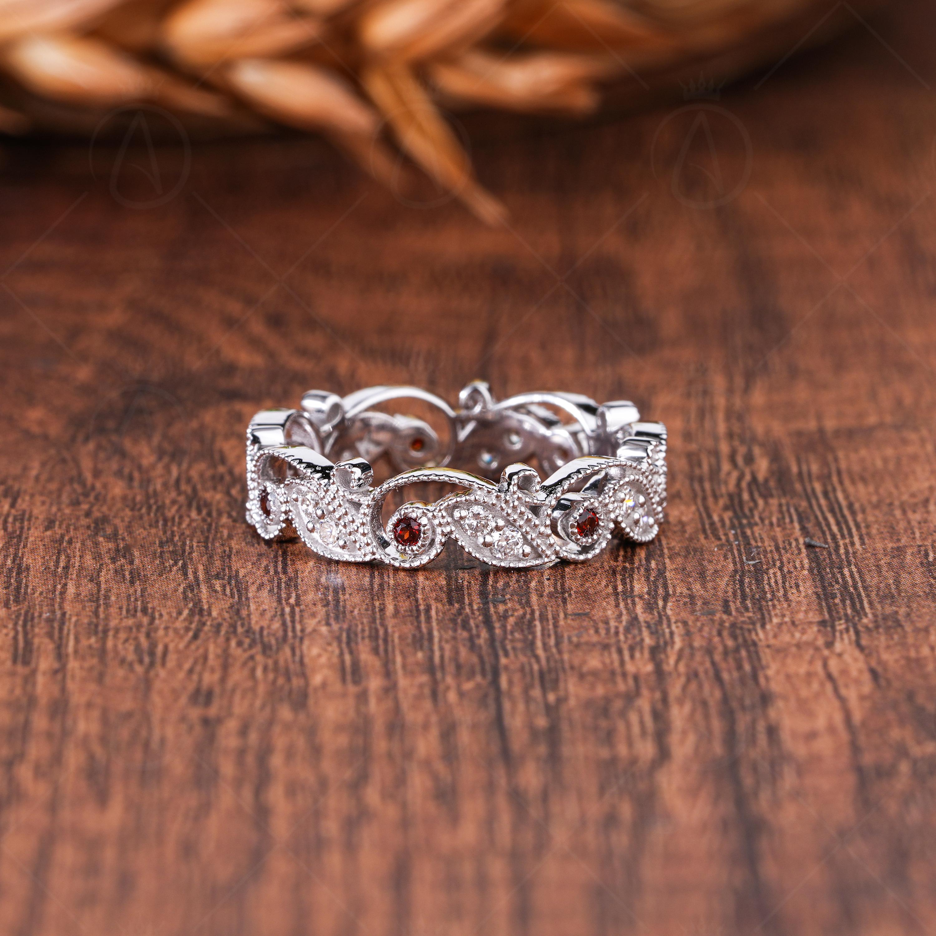Milgrain Art Deco Lab Grown Diamond & Garnet Eternity Band