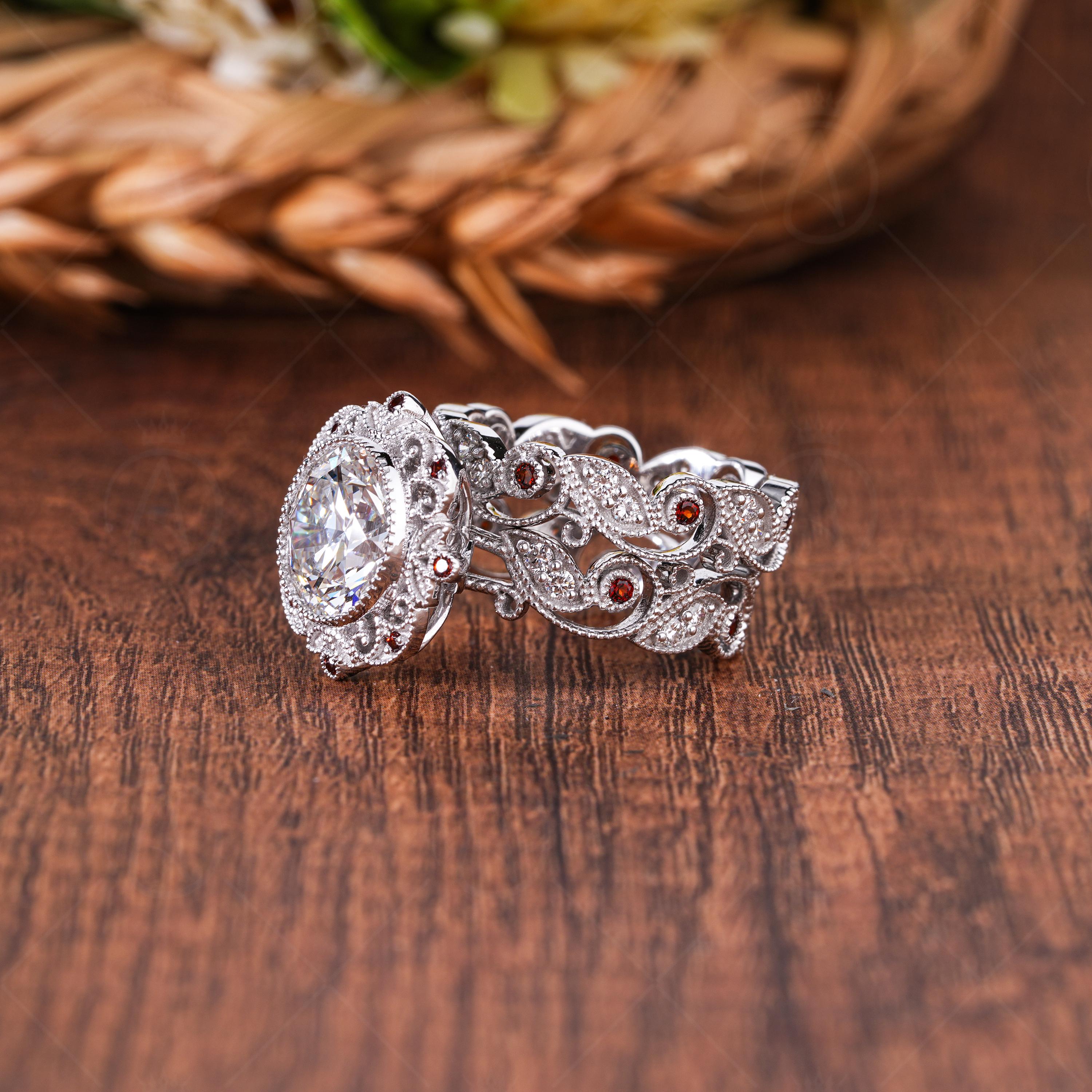 Milgrain Art Deco Lab Grown Diamond and Natural Garnet Ring Set