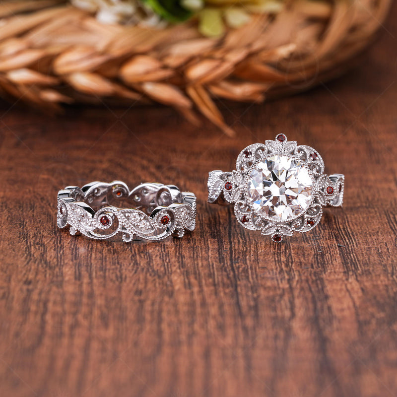 Milgrain Art Deco lab grown diamond and natural garnet ring set