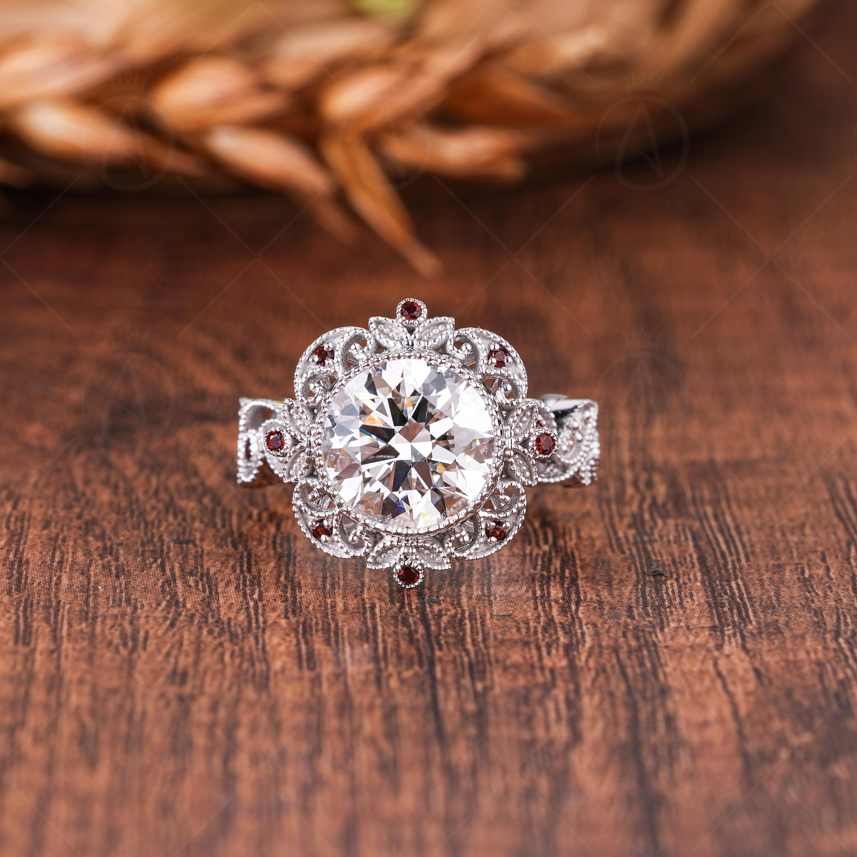 Art Deco Lab Grown Diamond Engagement Ring, Garnet Halo, Vintage Style