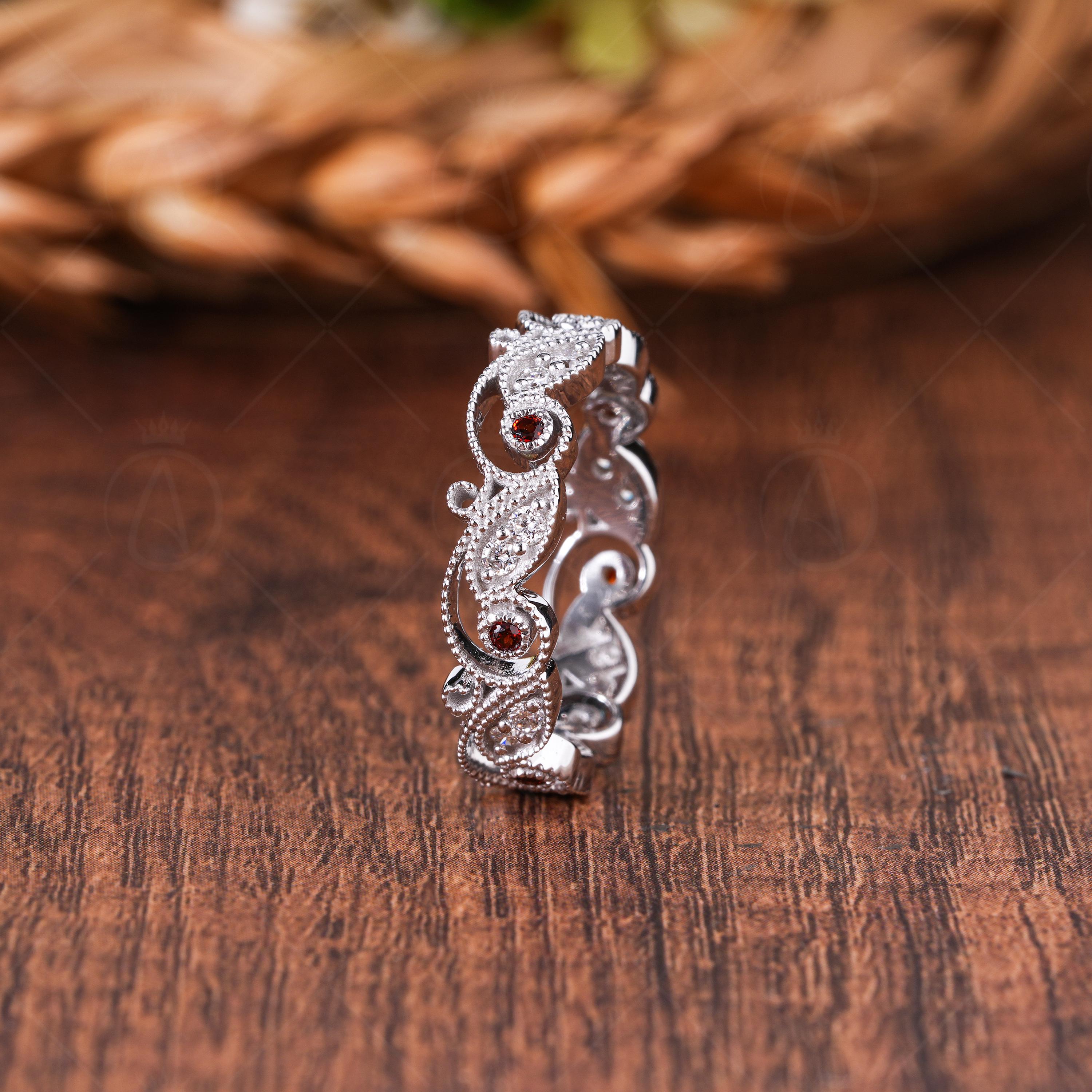 Milgrain Art Deco Lab Grown Diamond & Garnet Eternity Band