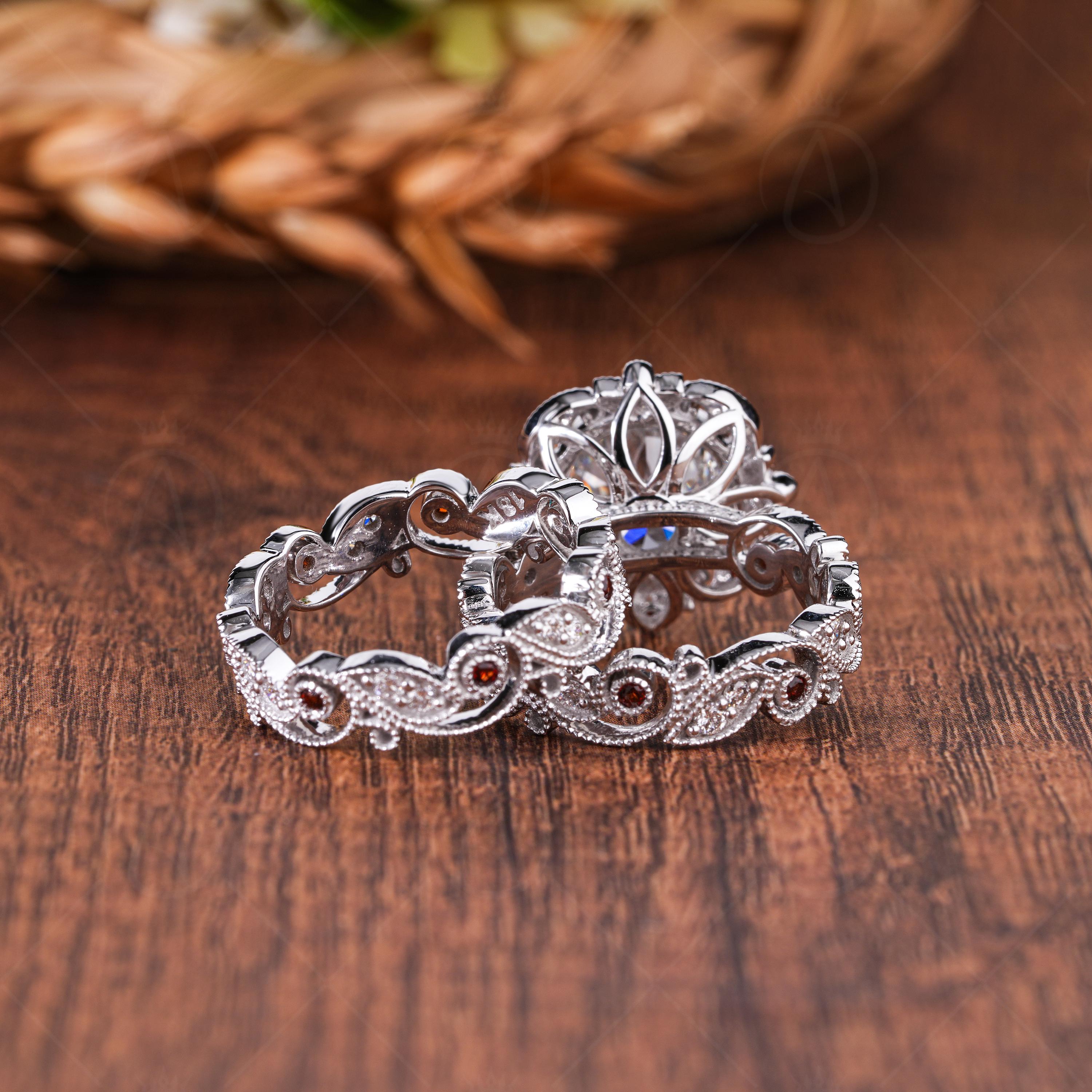 Milgrain Art Deco Lab Grown Diamond and Natural Garnet Ring Set