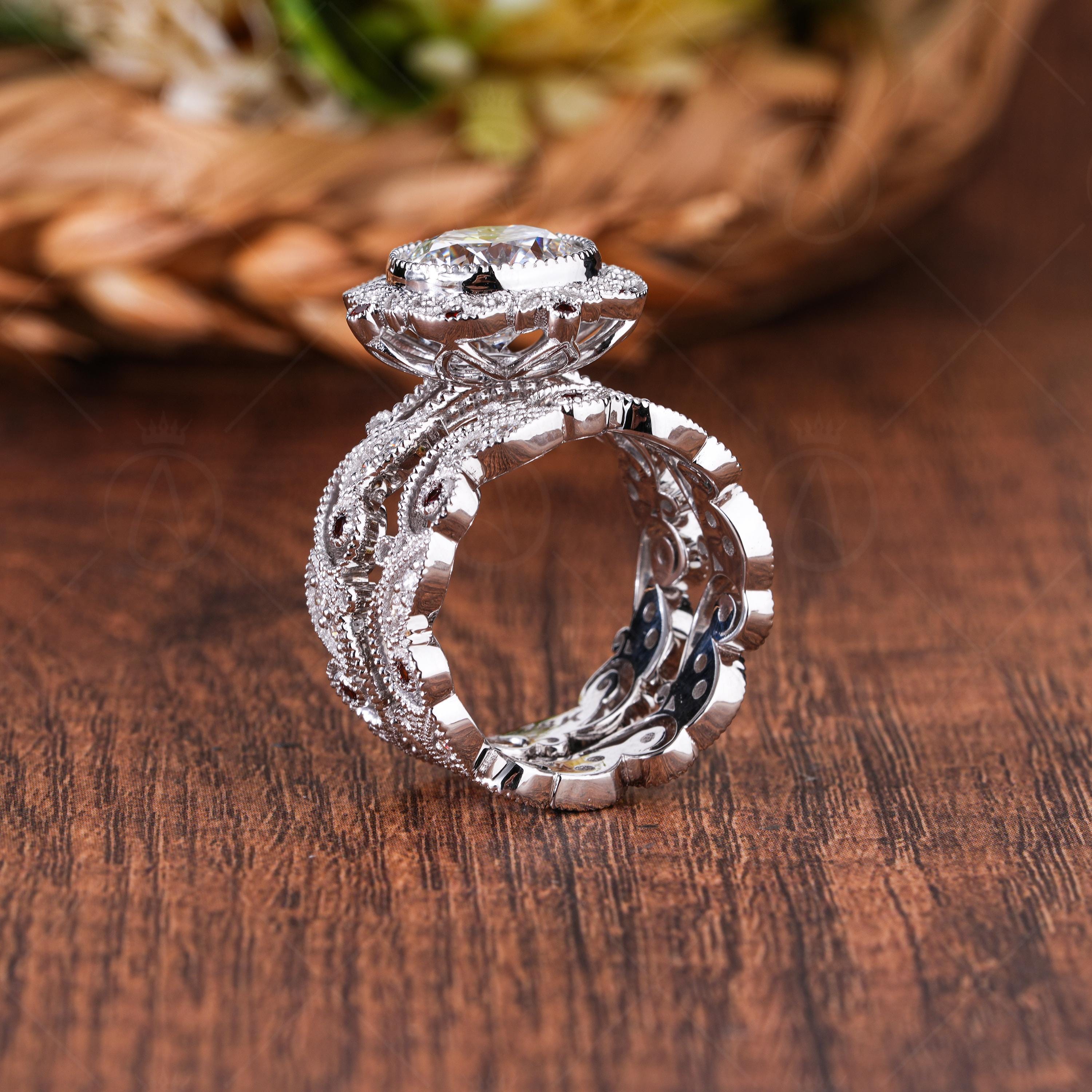 Milgrain Art Deco Lab Grown Diamond and Natural Garnet Ring Set