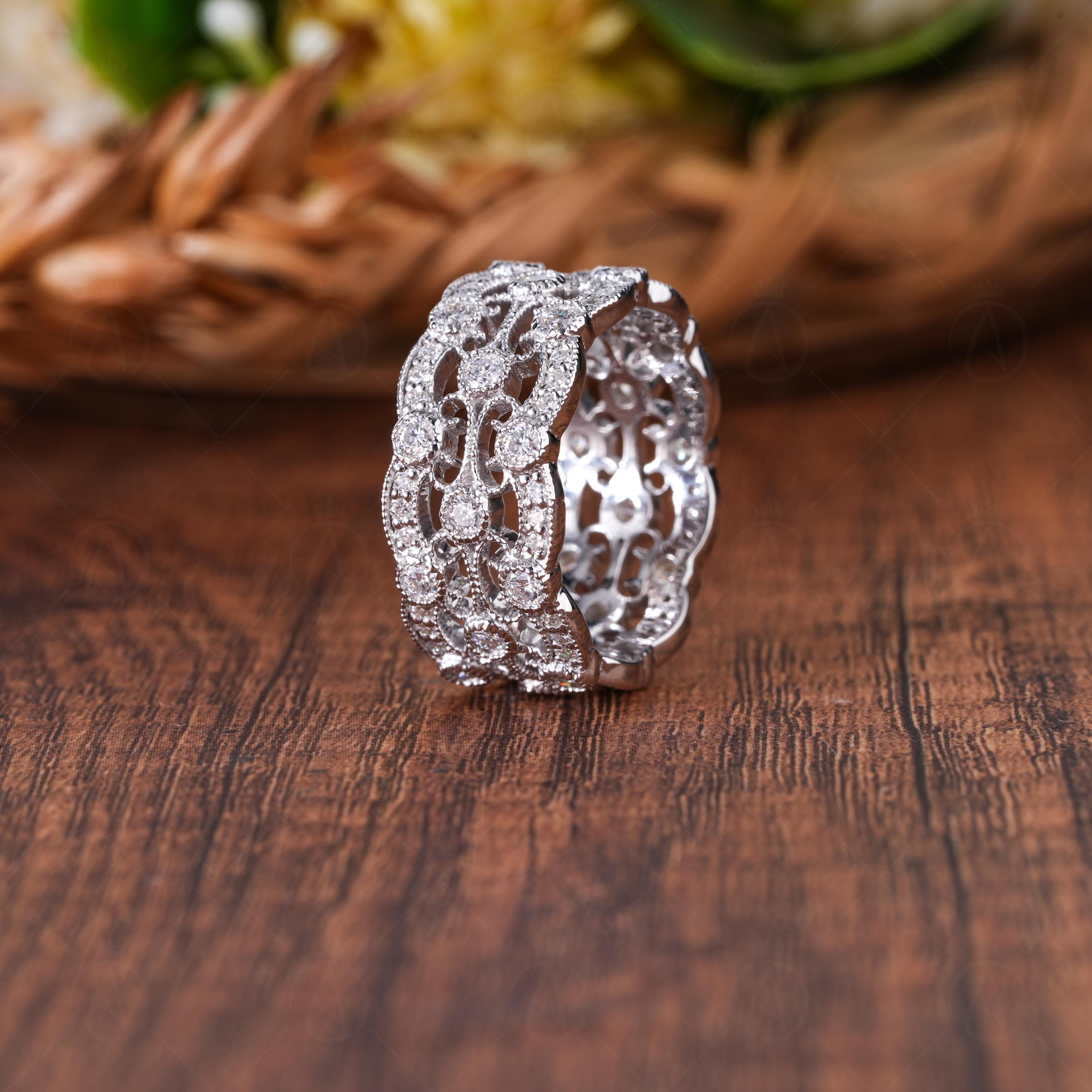 Vintage Style Moissanite Full Eternity Wedding Band, Art Deco Inspired Wide Milgrain Band, 3 Row Filigree Round Band