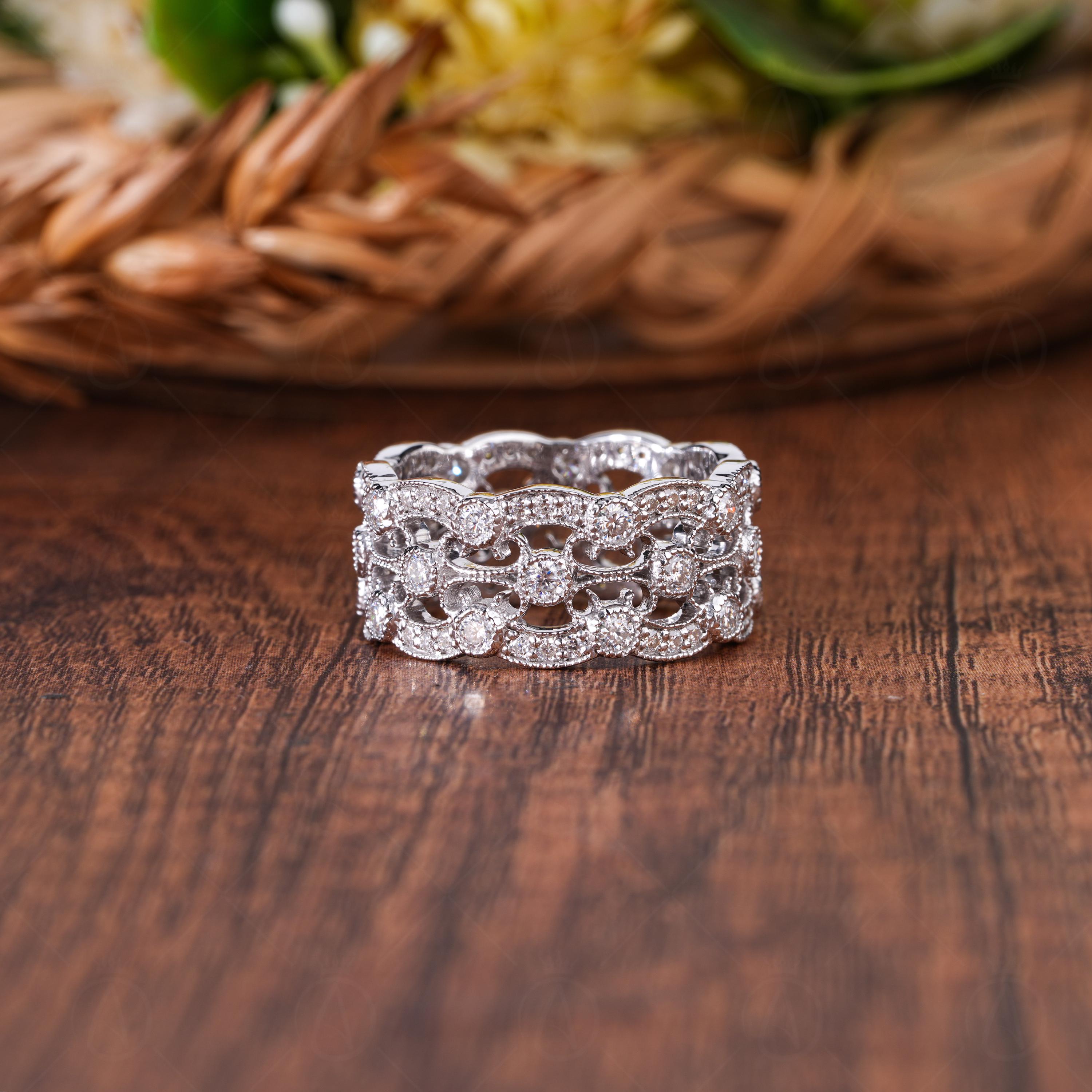 Vintage Style Moissanite Full Eternity Wedding Band, Art Deco Inspired Wide Milgrain Band, 3 Row Filigree Round Band