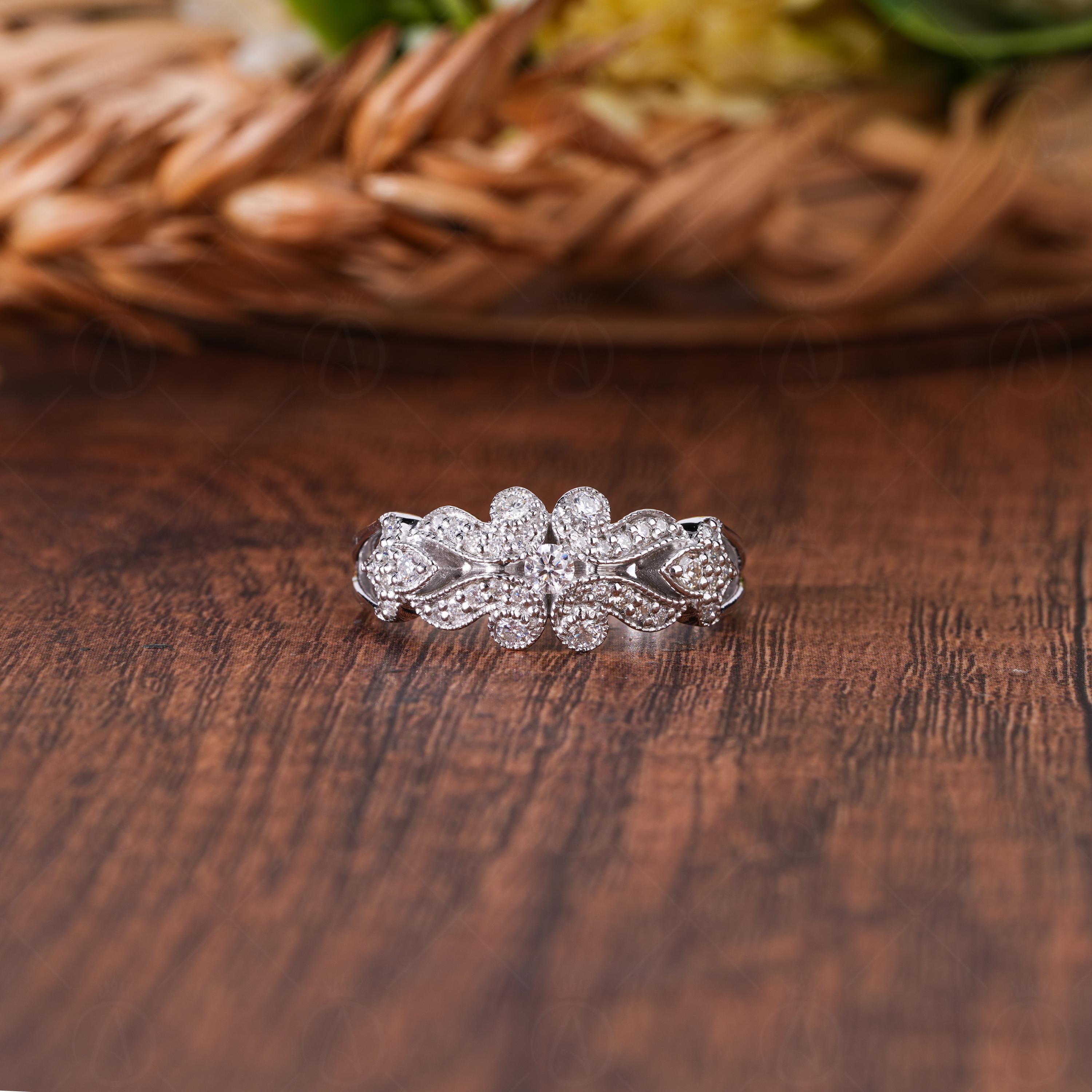Moissanite Cluster Engagement Ring, Vintage Edwardian Filigree, Art Deco Statement