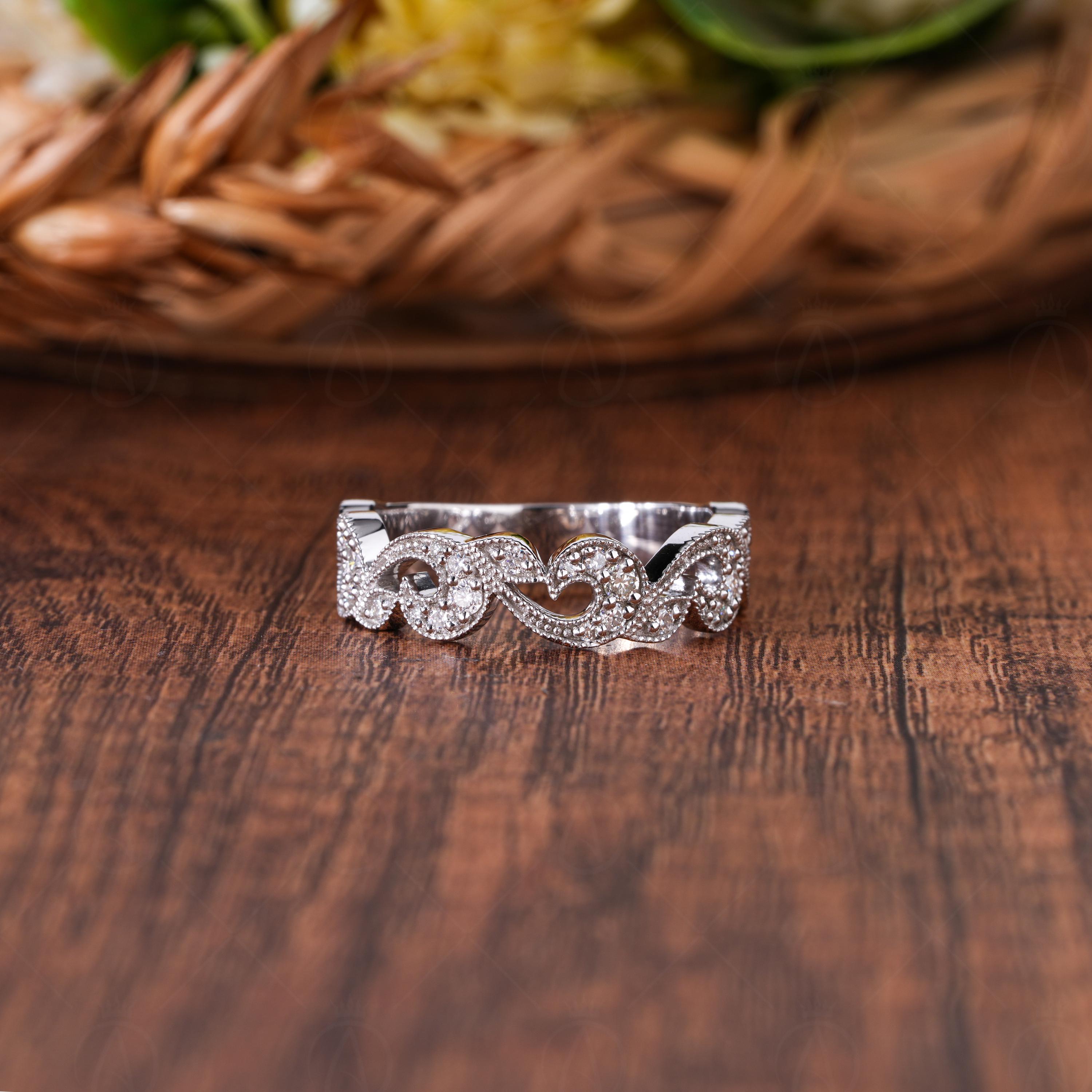Nature Inspired Moissanite Leaf and Vine Half Eternity Wedding Band, Art Deco Botanical Floral Band, Leaves Band For Her