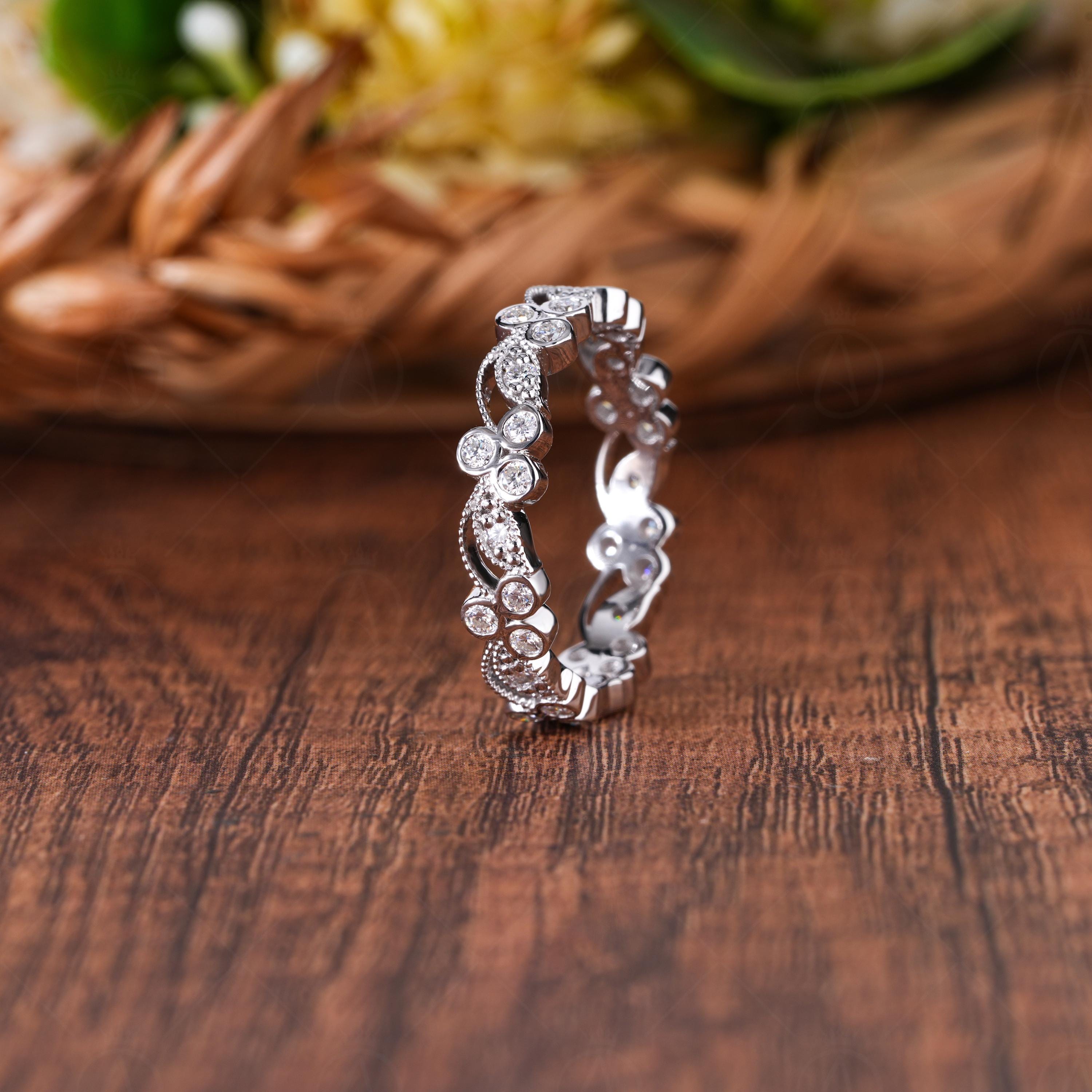 Art Deco Floral Vine Moissanite Wedding Band, Round Cut Milgrain Vintage Band, Nature Inspired Full Eternity Band