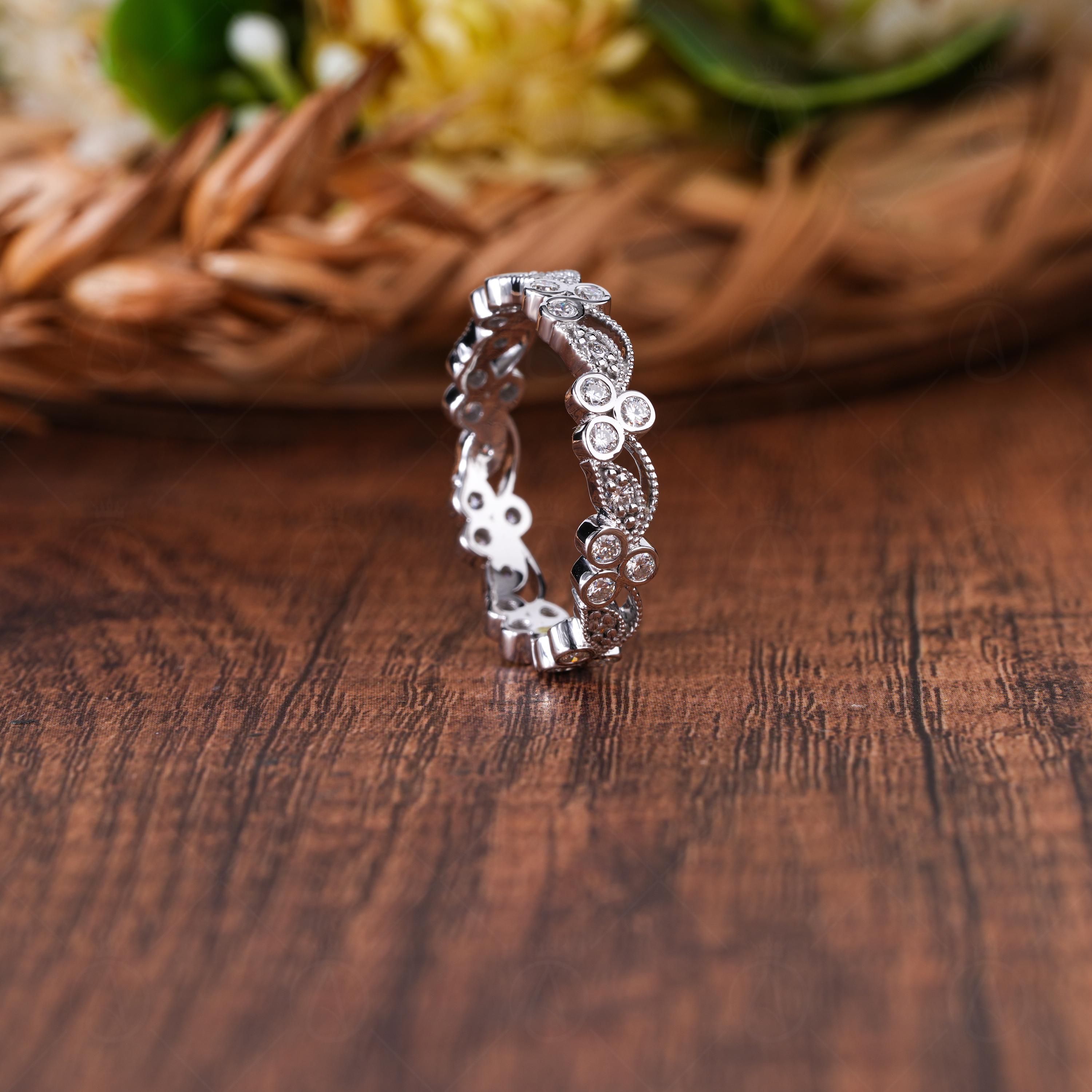 Art Deco Floral Vine Moissanite Wedding Band, Round Cut Milgrain Vintage Band, Nature Inspired Full Eternity Band