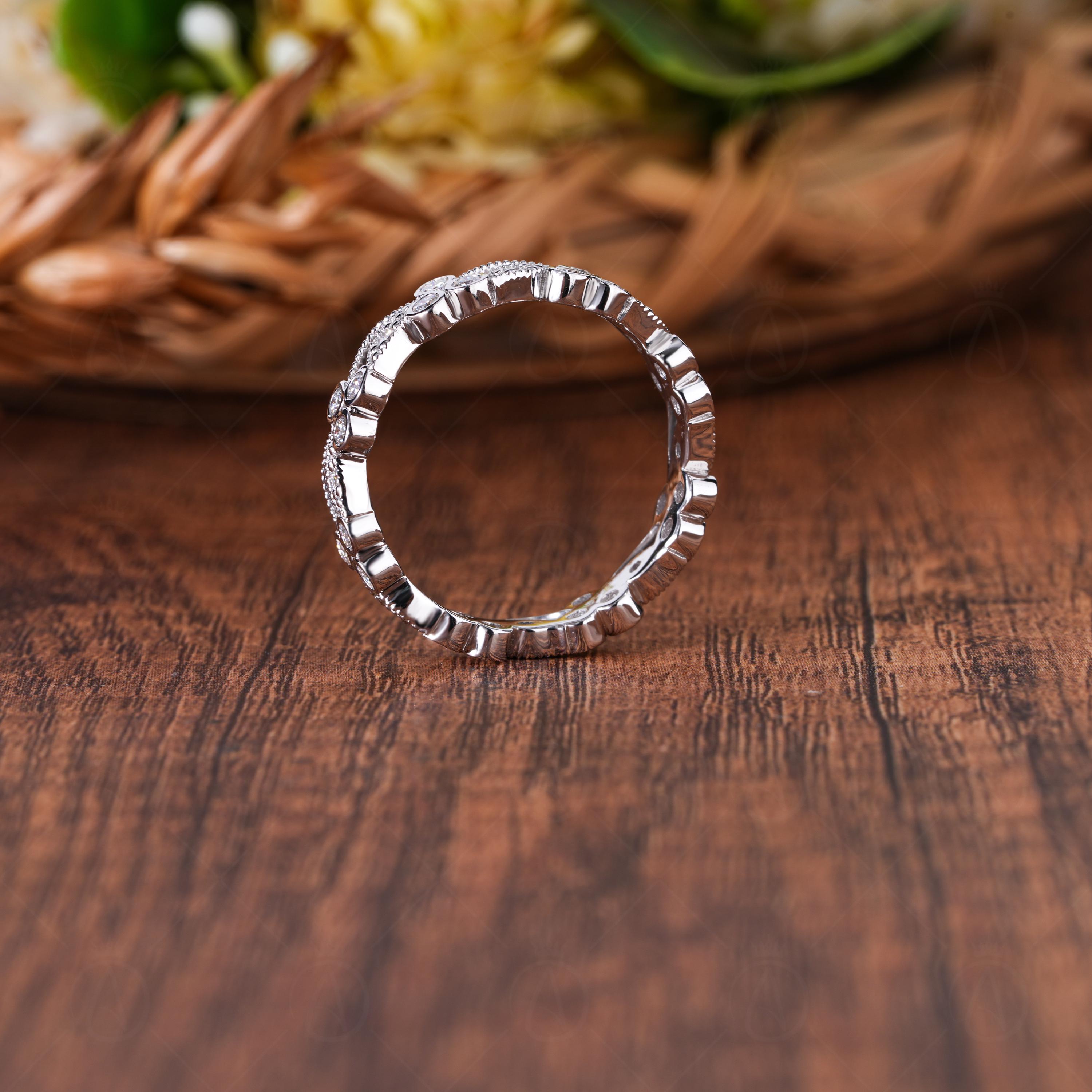 Art Deco Floral Vine Moissanite Wedding Band, Round Cut Milgrain Vintage Band, Nature Inspired Full Eternity Band