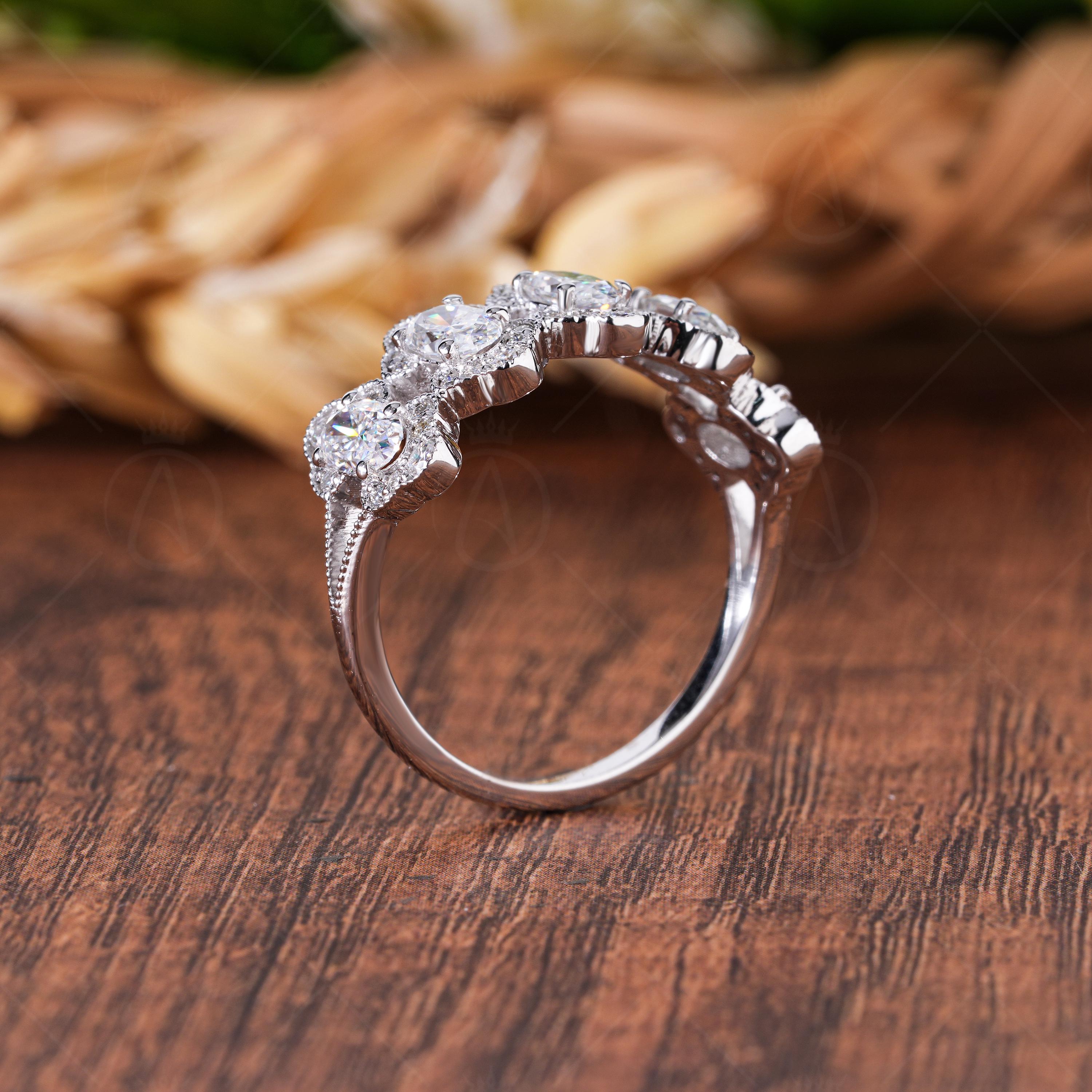 5 Stone Moissanite Oval Cut Halo Style Split Shank Milgrain Anniversary Band