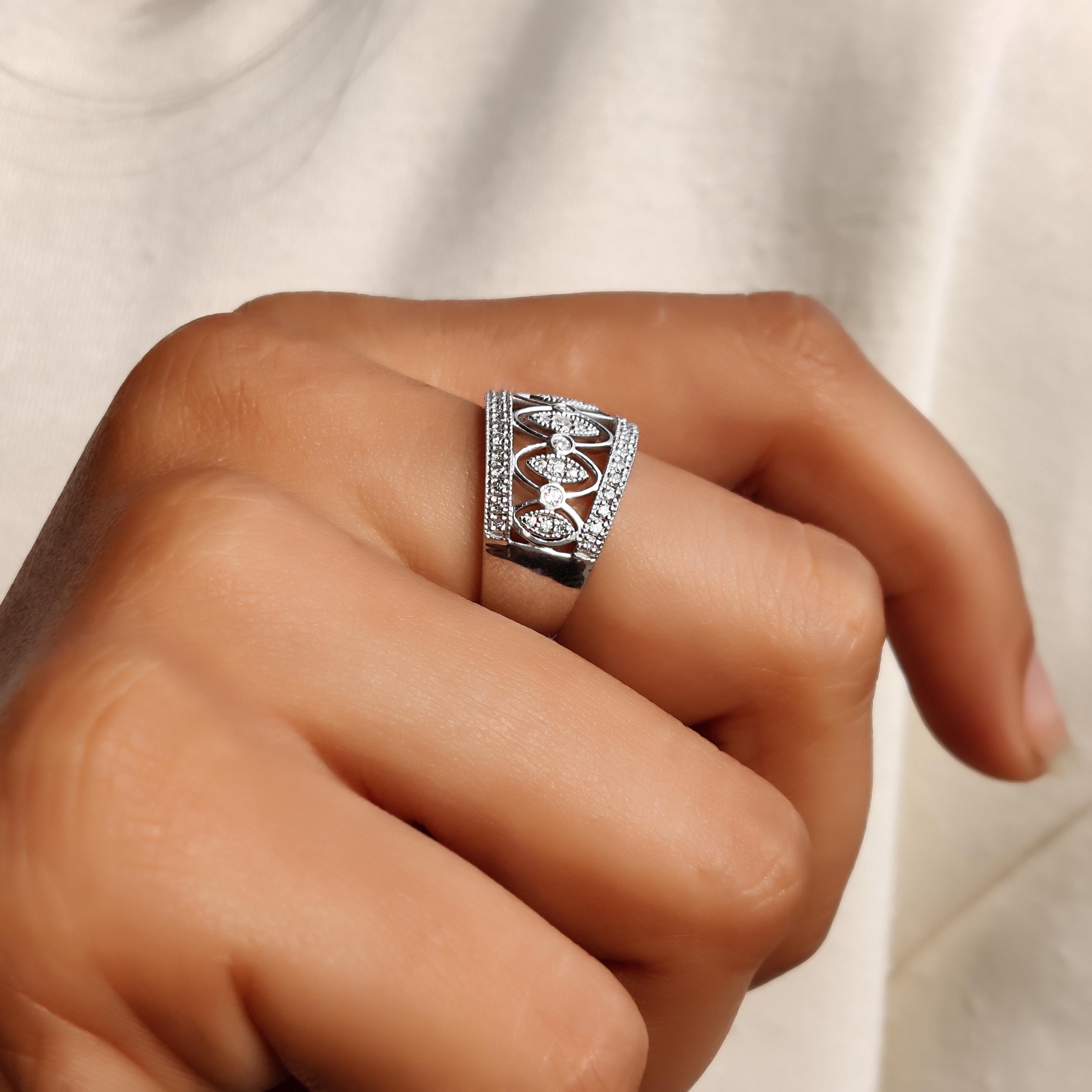 Vintage Art Deco Moissanite Wedding Band, Filigree White Gold