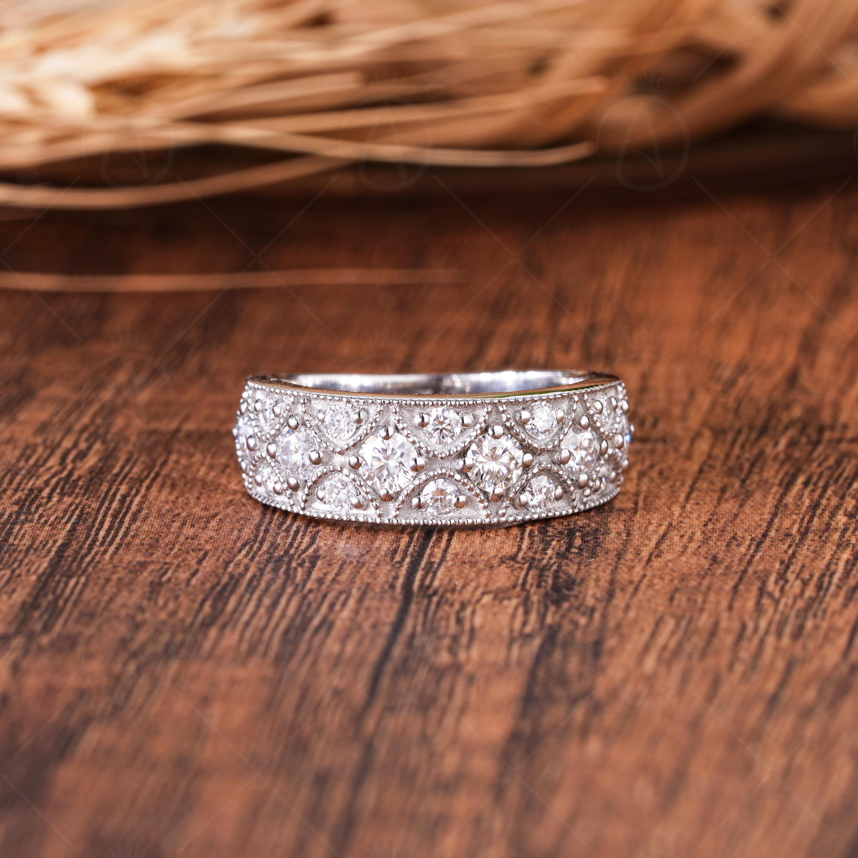 Vintage Art Deco Moissanite Wedding Band, Milgrain Anniversary Ring