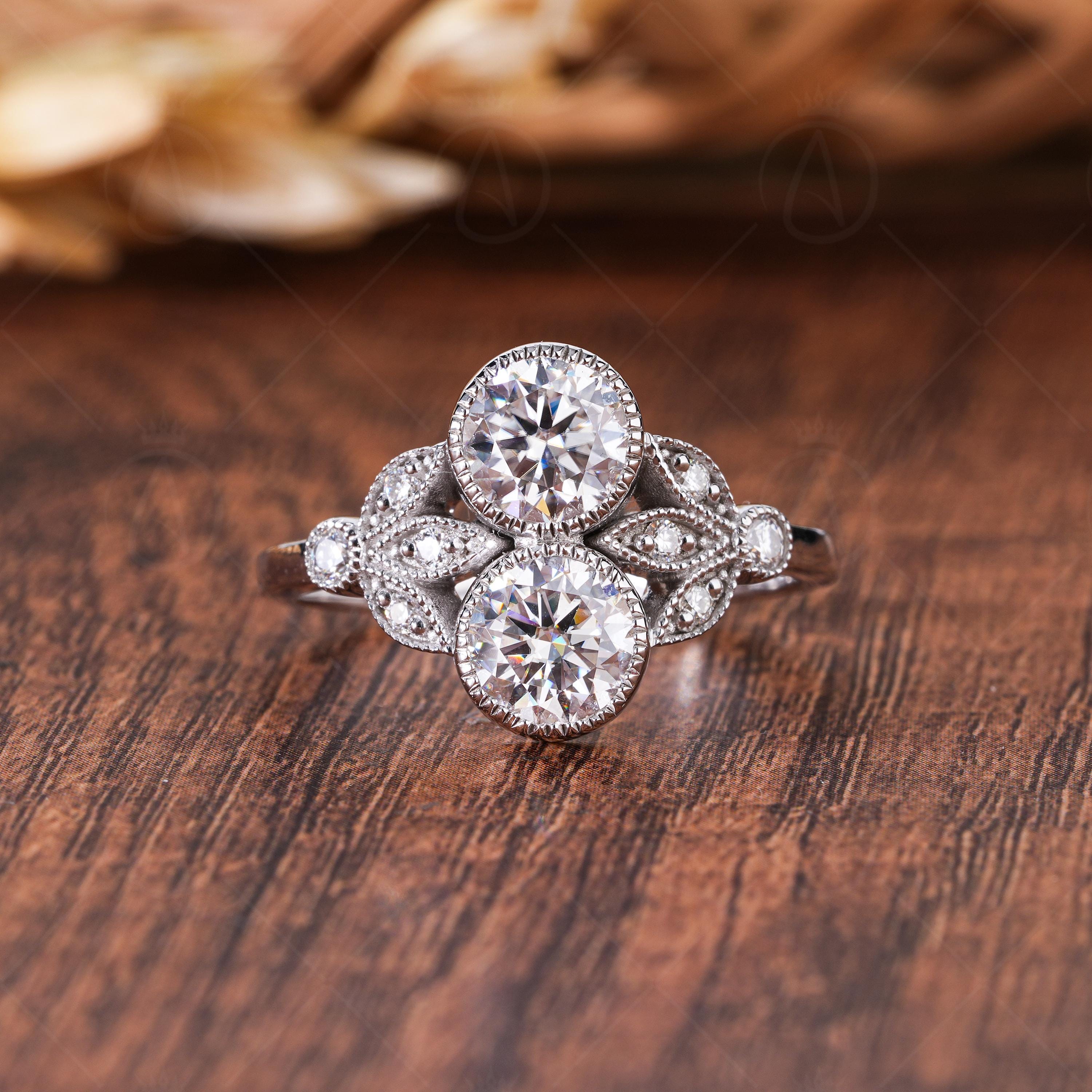 Edwardian Style Toi Et Moi Moissanite Engagement Ring, Art Deco Round Cut Milgrain Ring