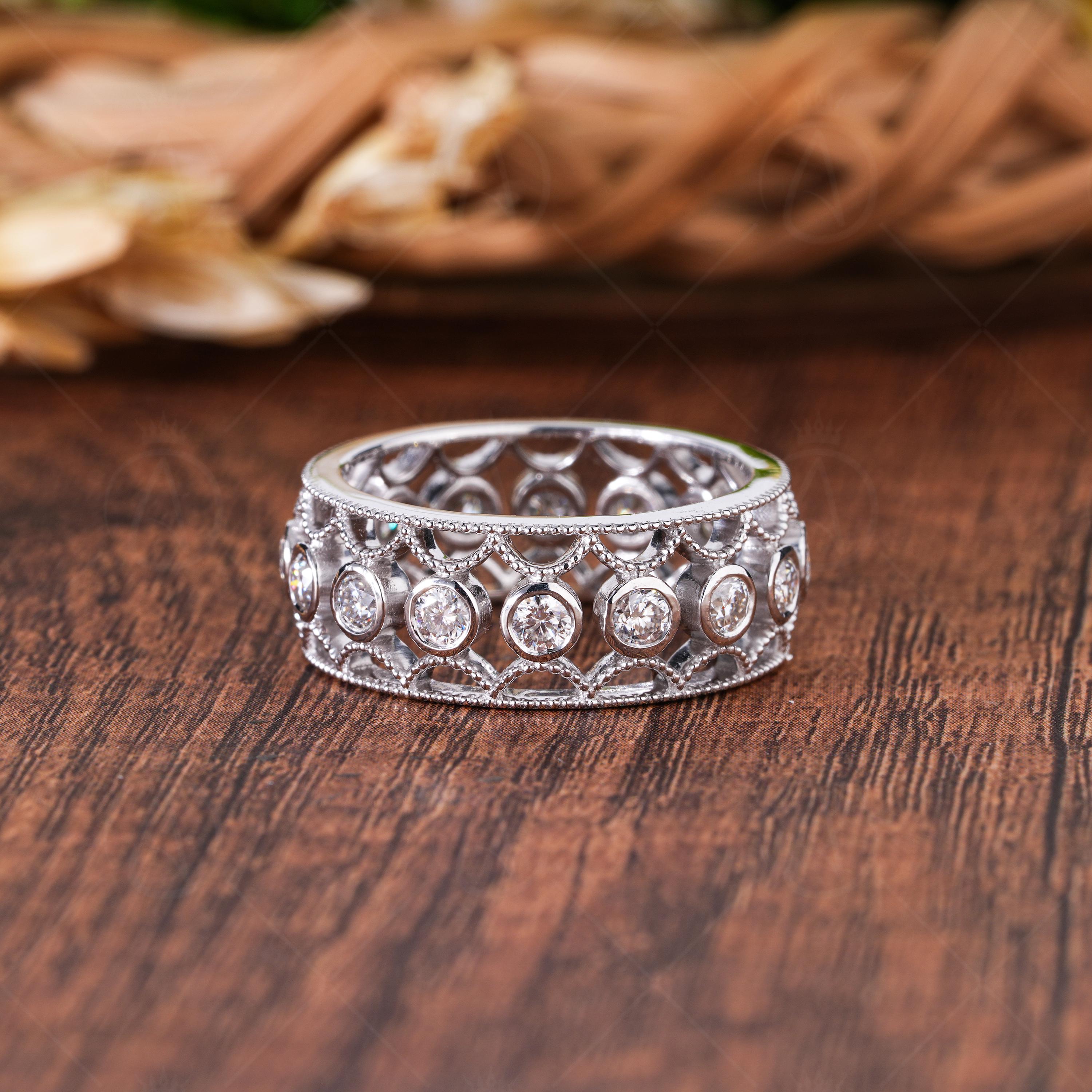 Filigree Moissanite Wedding Band, Vintage Style Eternity Ring