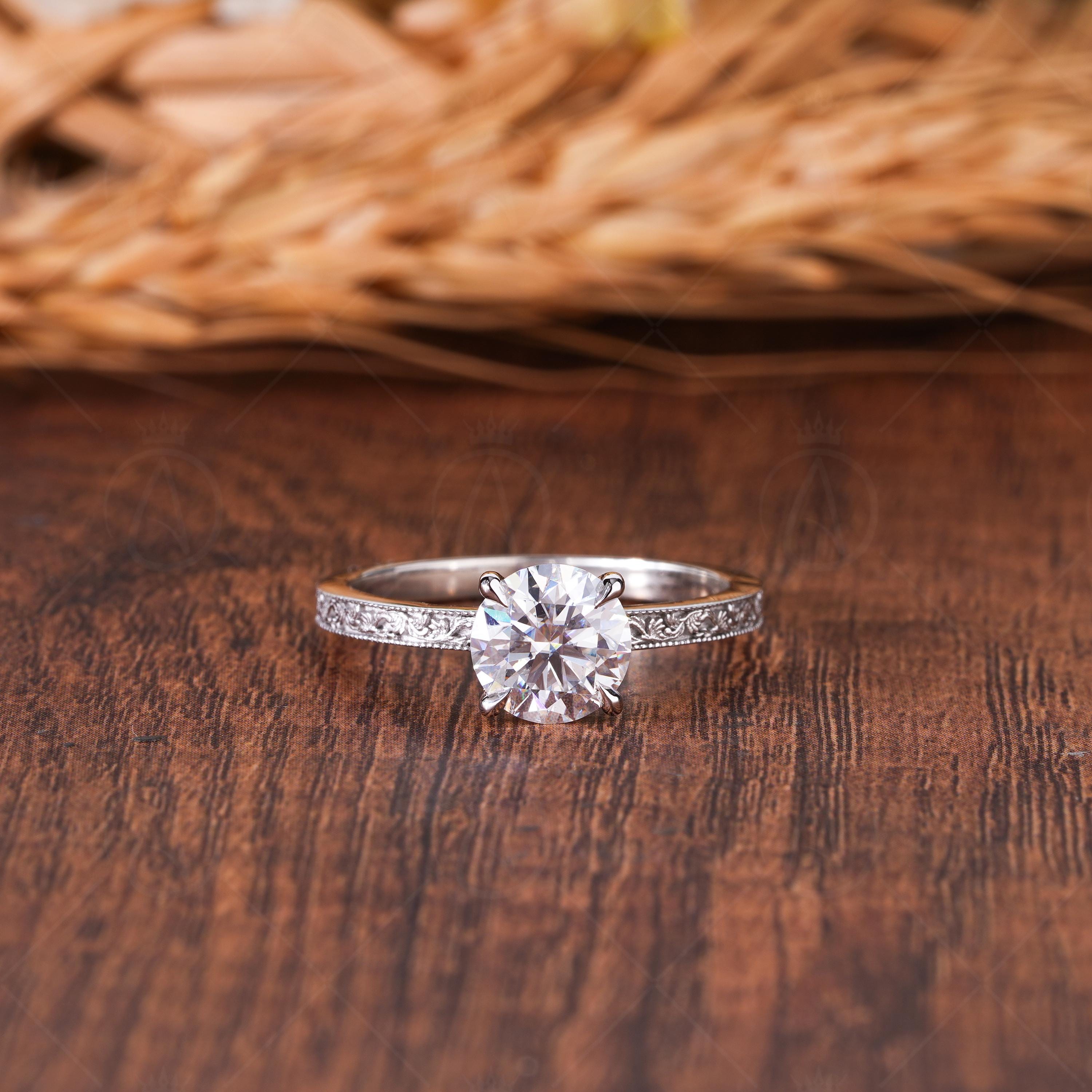 Vintage Style Moissanite Engraved Round Cut Solitaire Engagement Ring, Promise Ring For Her