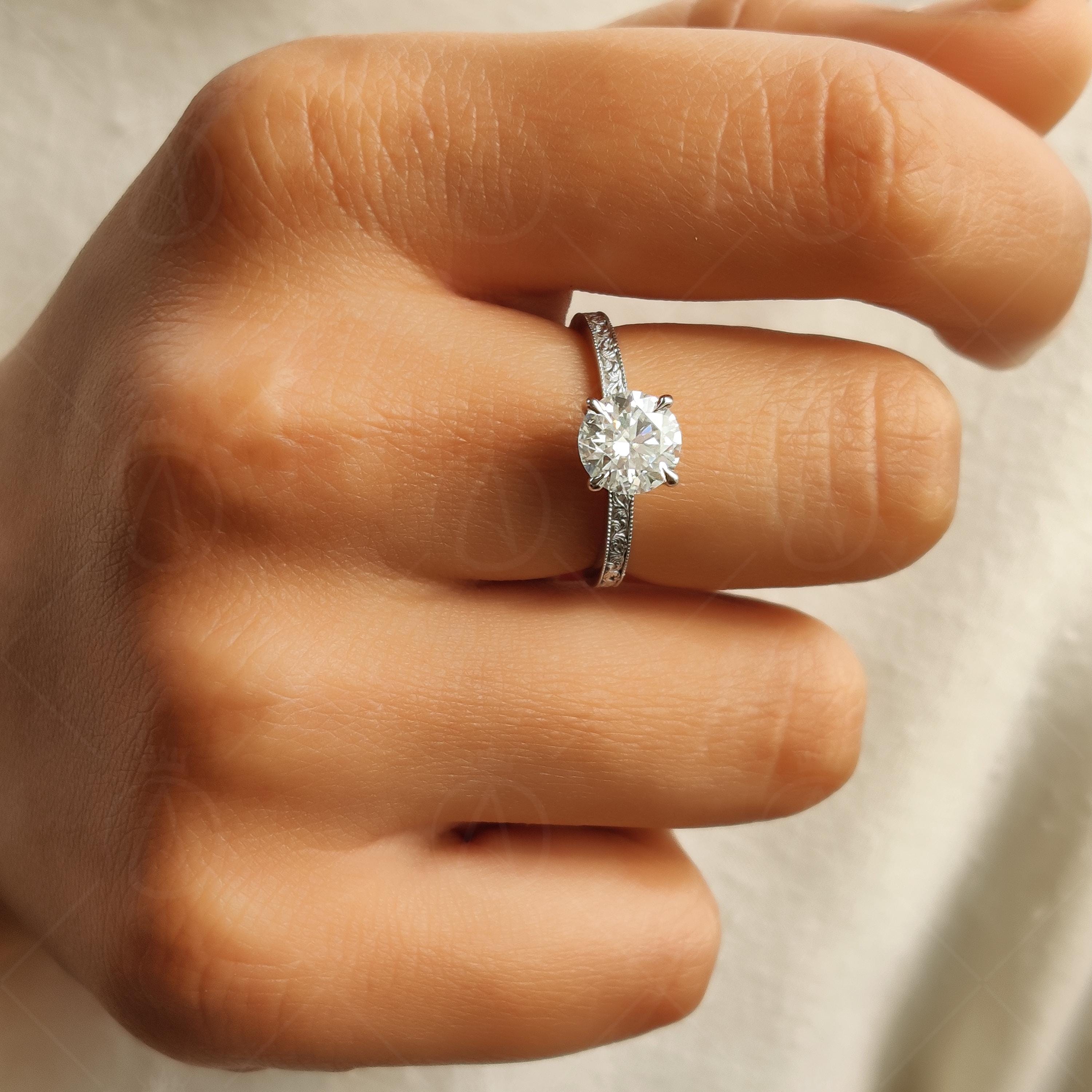 Vintage Style Moissanite Engraved Round Cut Solitaire Engagement Ring, Promise Ring For Her