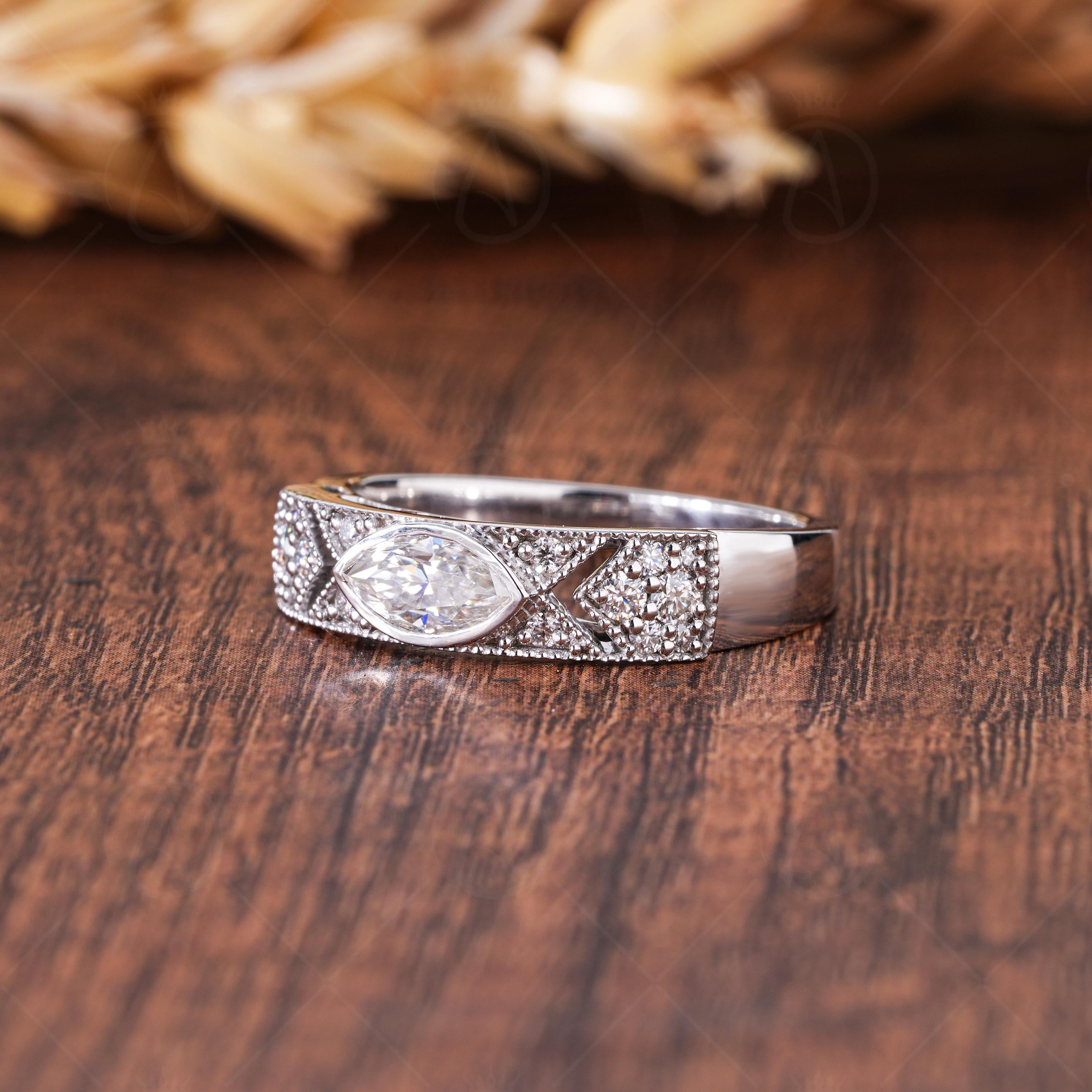 Vintage Style Marquise Moissanite Wedding Band, Milgrain Art Deco Anniversary Ring, Filigree Statement Band