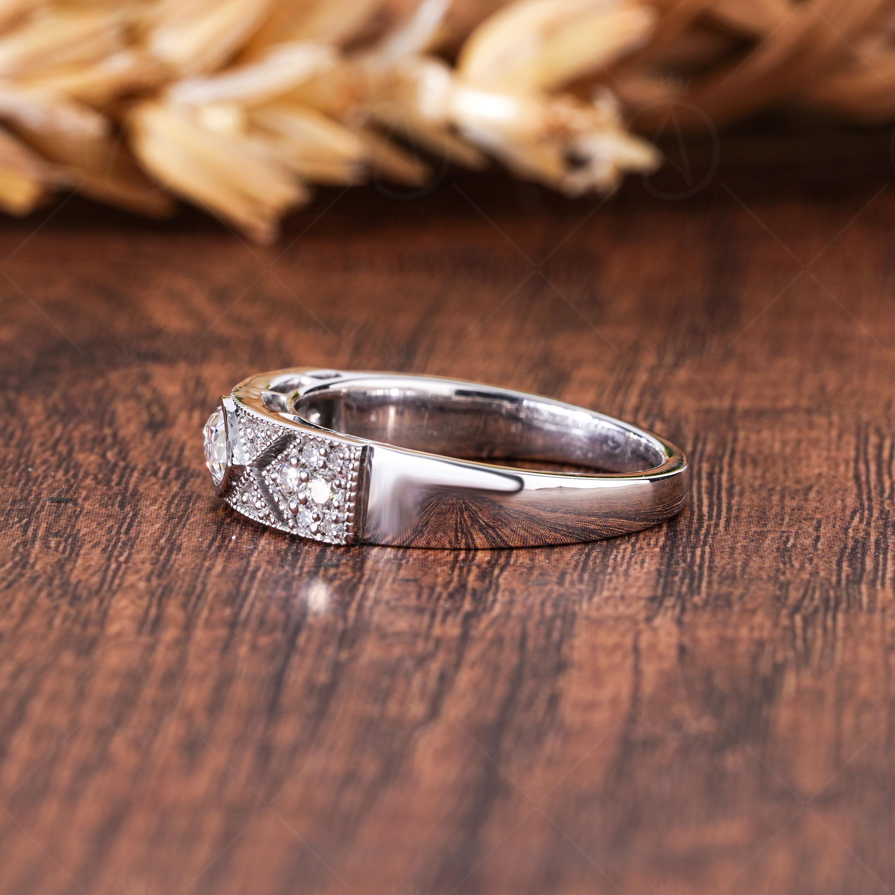 Vintage Style Marquise Moissanite Wedding Band, Milgrain Art Deco Anniversary Ring, Filigree Statement Band