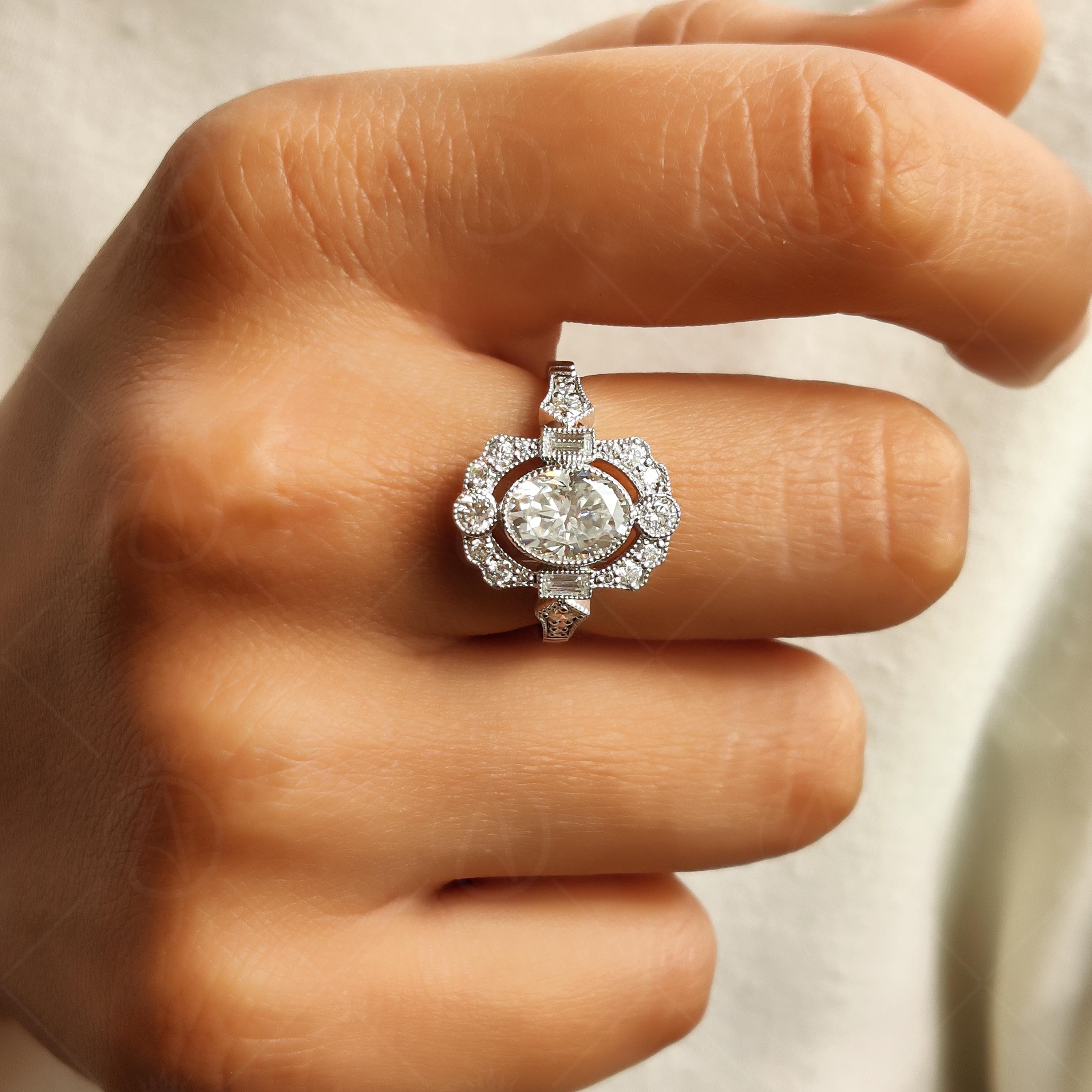 Vintage Inspired Moissanite Oval Cut Halo Milgrain Engagement Ring