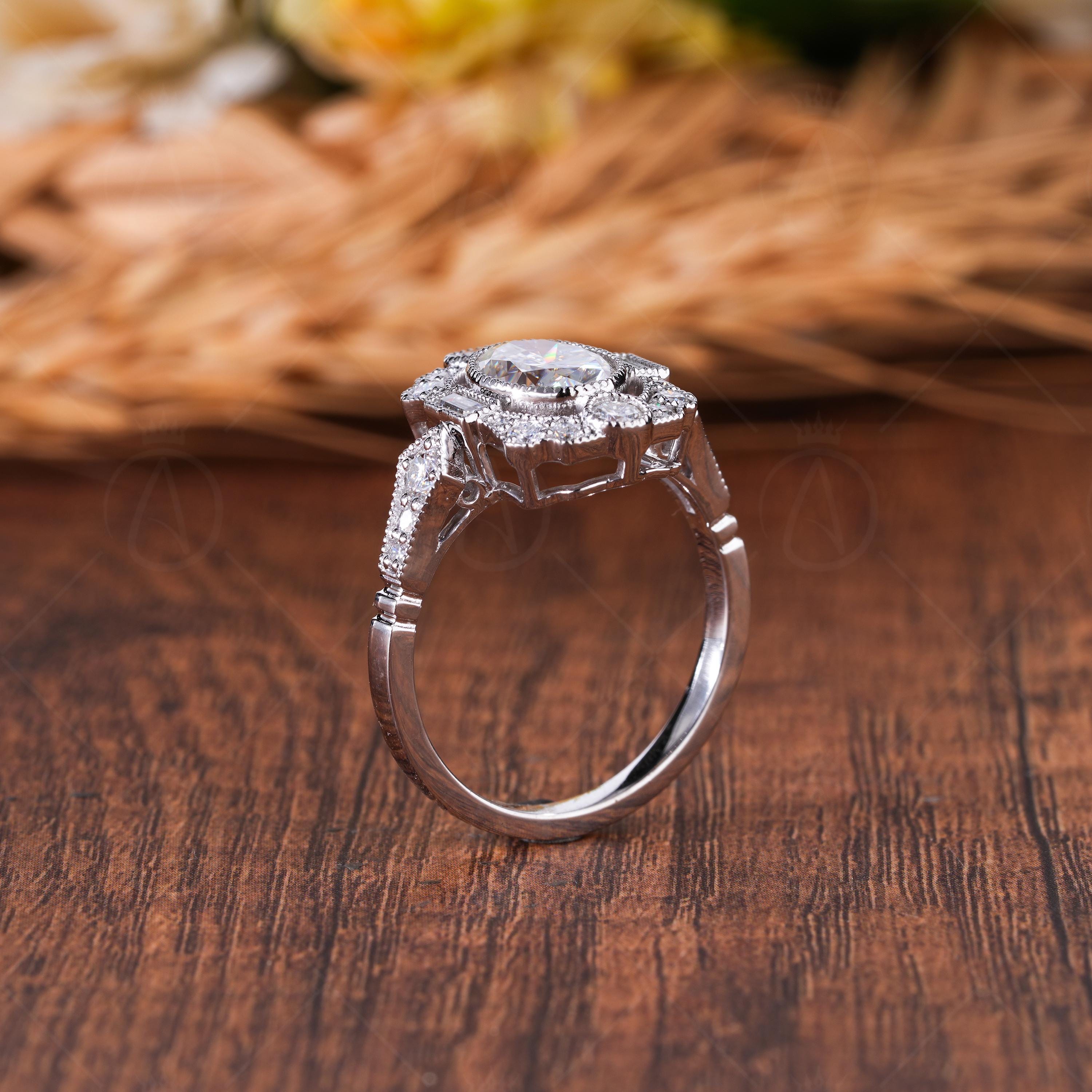 Vintage Inspired Moissanite Oval Cut Halo Milgrain Engagement Ring