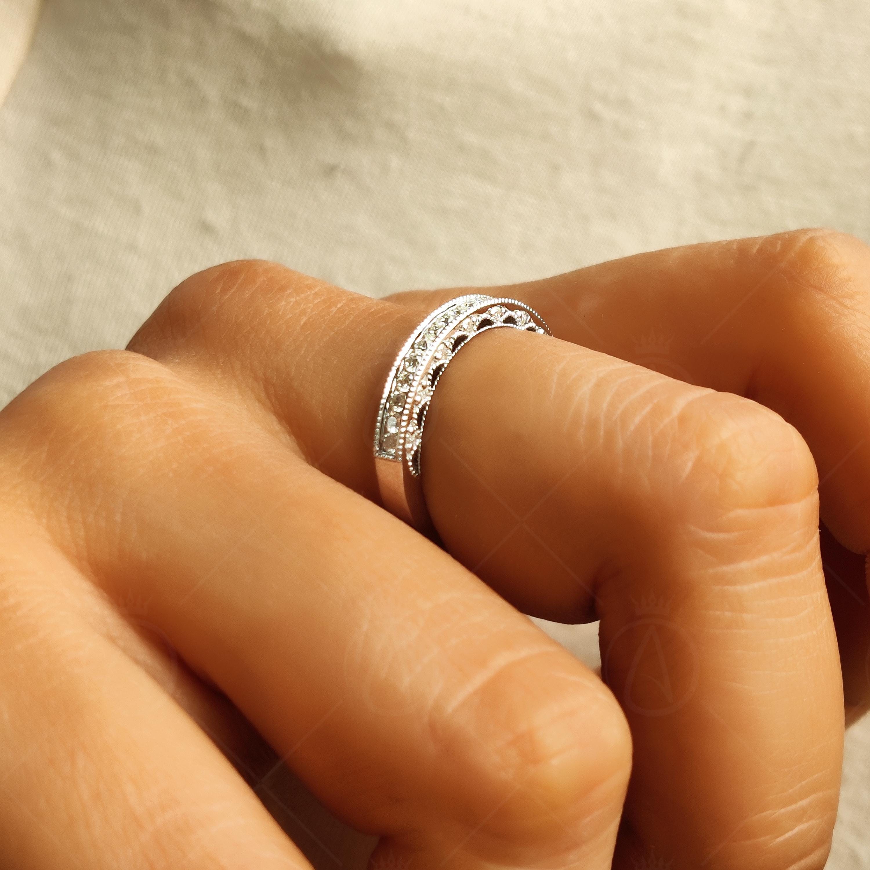 Three-Sided Moissanite Channel Set Milgrain Half Eternity Wedding Band, Vintage Inspired Stacking Ring