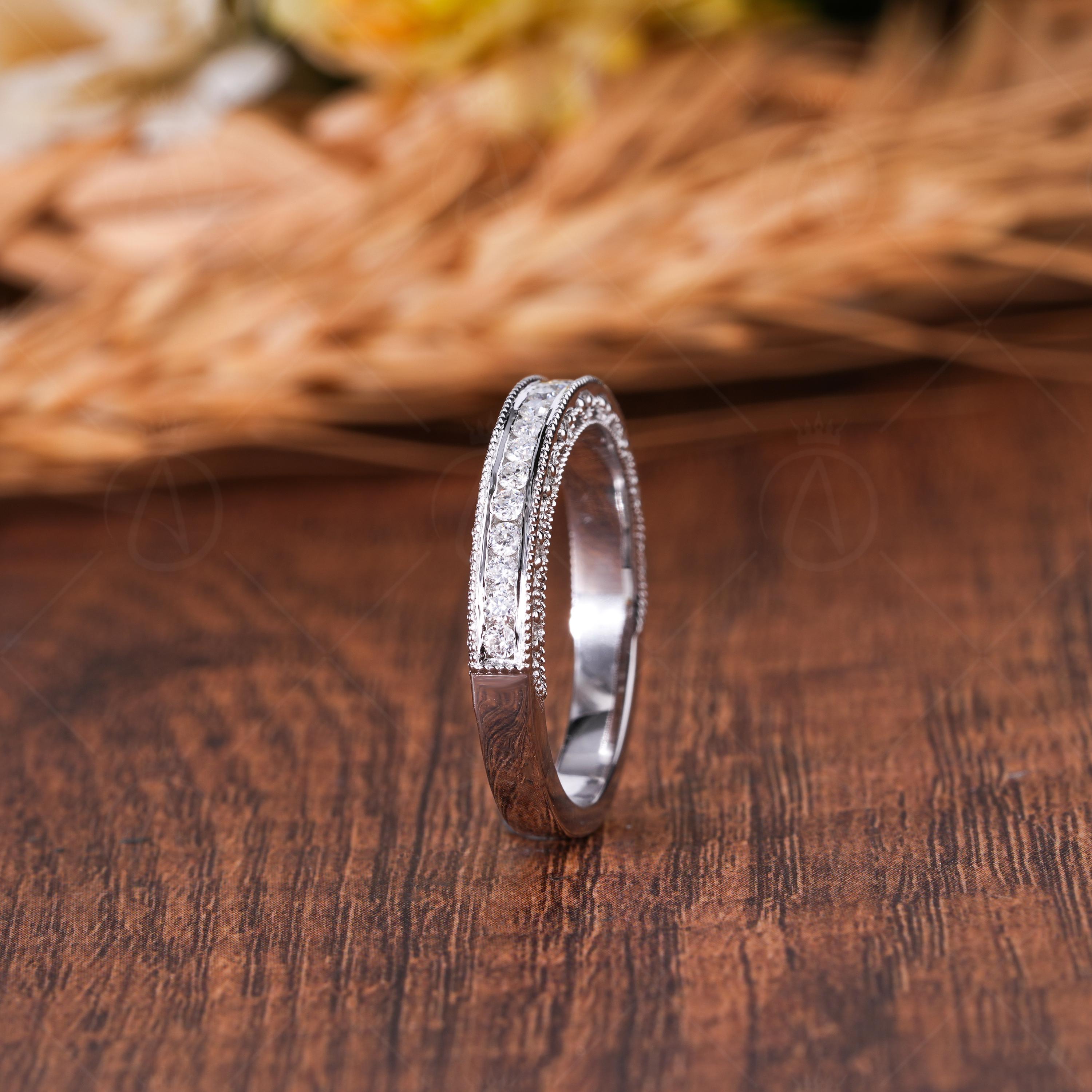 Three-Sided Moissanite Channel Set Milgrain Half Eternity Wedding Band, Vintage Inspired Stacking Ring