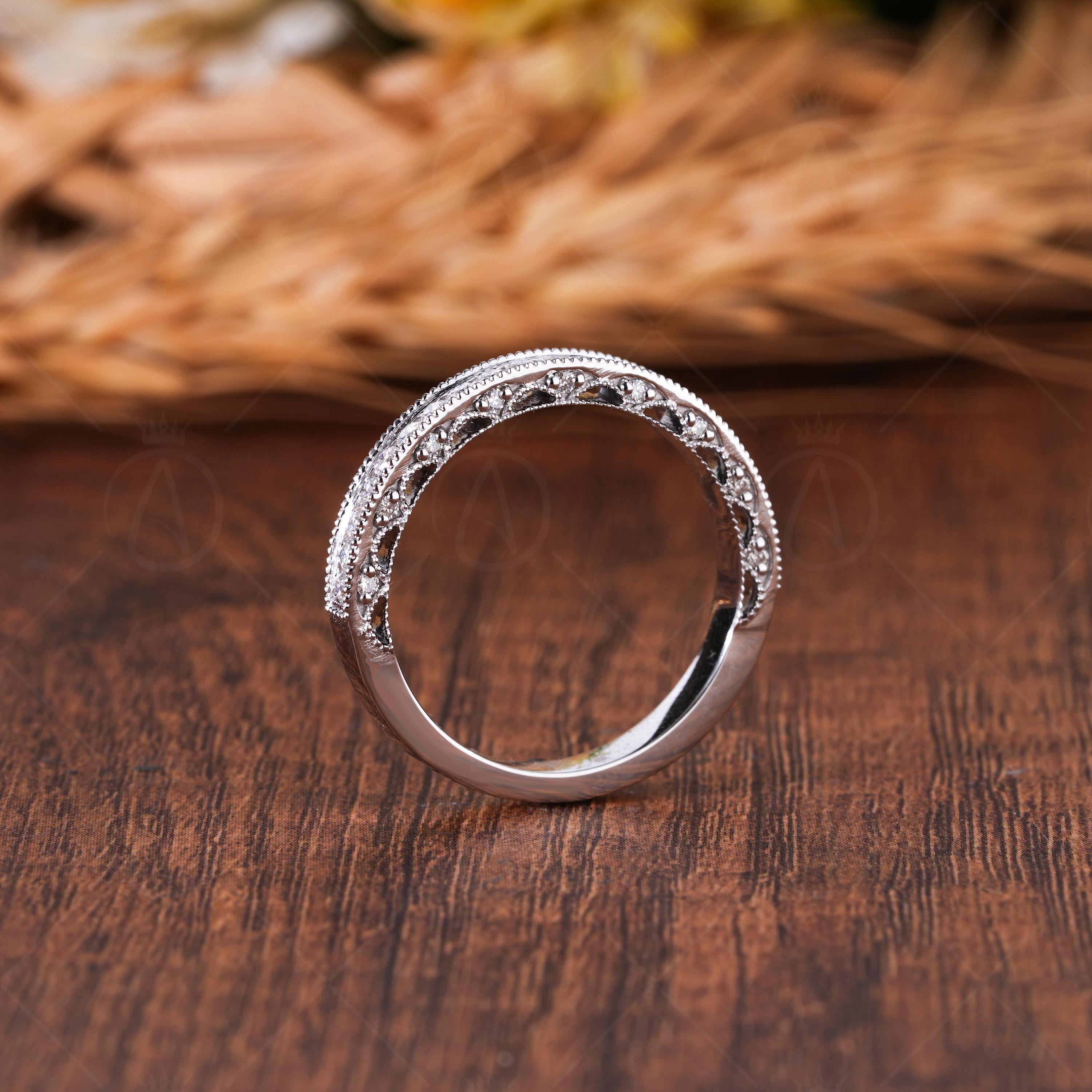 Three-Sided Moissanite Channel Set Milgrain Half Eternity Wedding Band, Vintage Inspired Stacking Ring