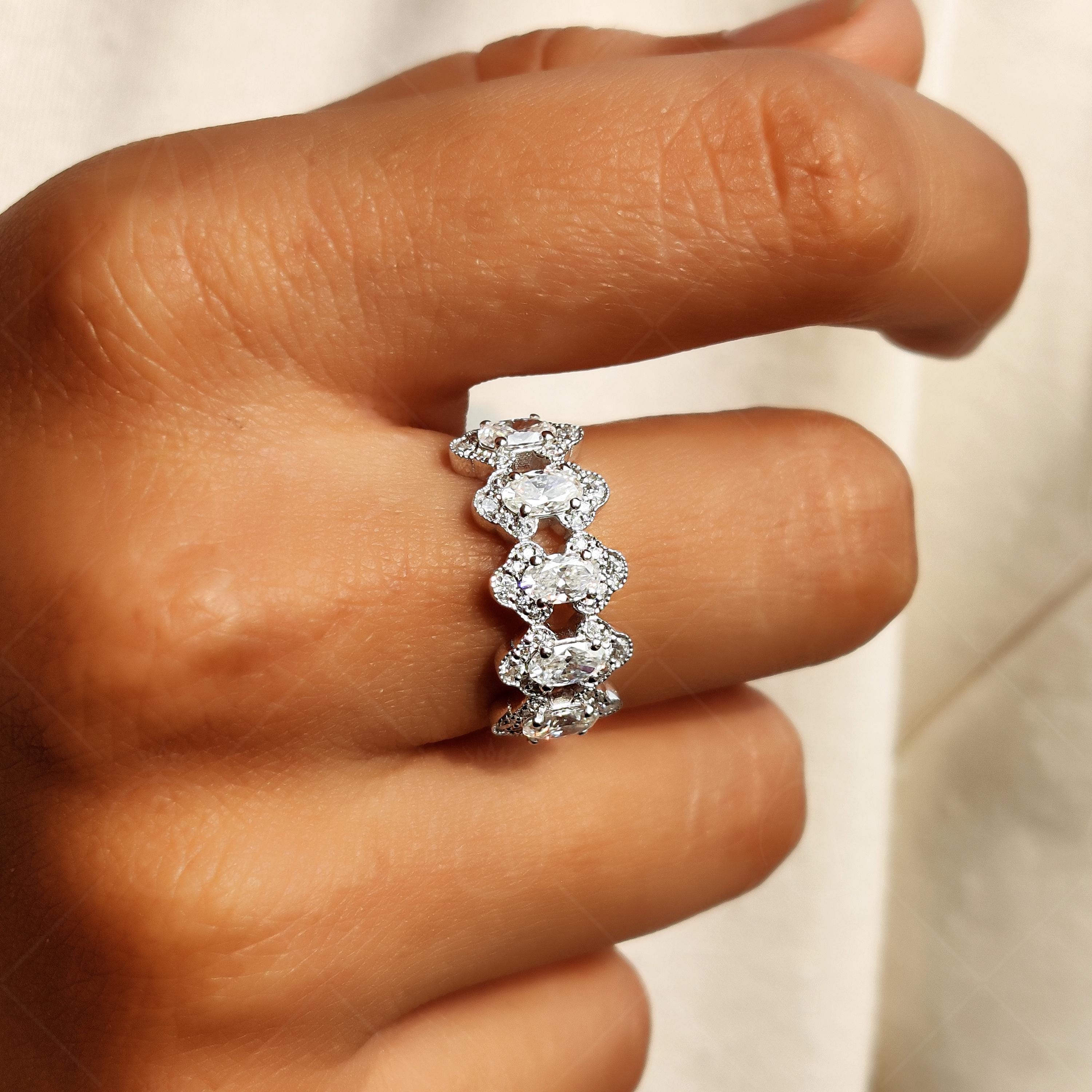5 Stone Moissanite Oval Cut Halo Style Split Shank Milgrain Anniversary Band