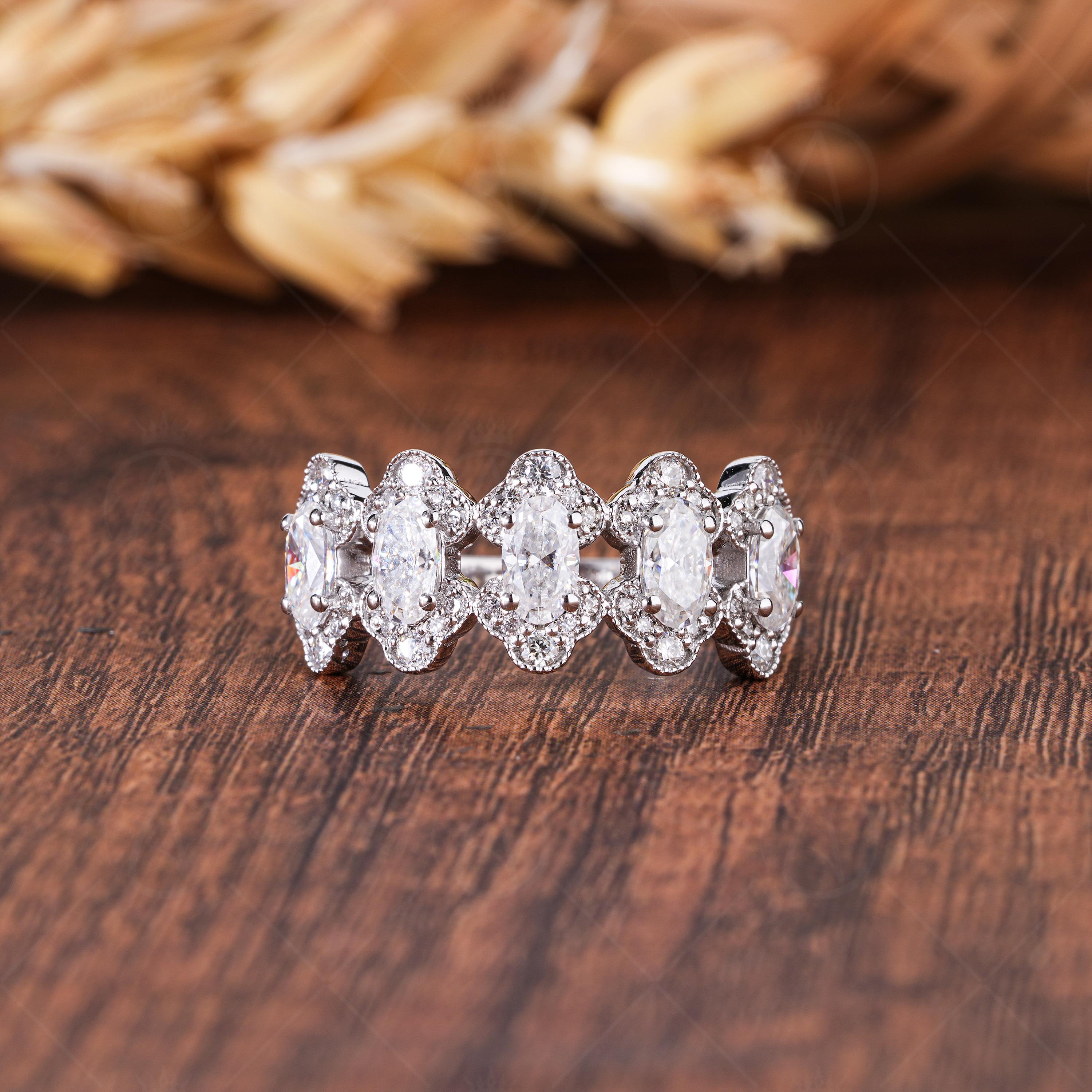 5 Stone Moissanite Oval Cut Halo Style Split Shank Milgrain Anniversary Band