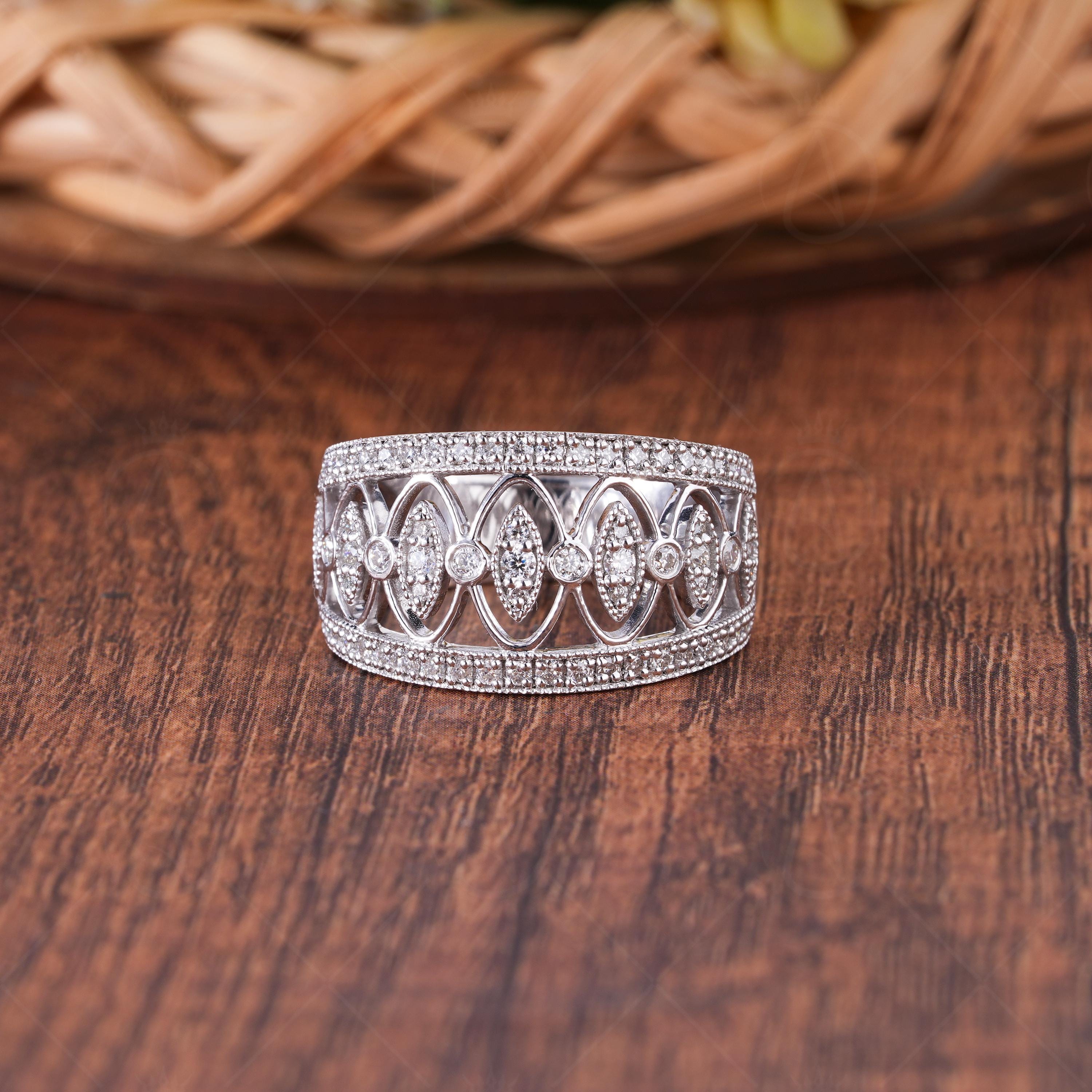 Vintage Art Deco Moissanite Wedding Band, Filigree White Gold