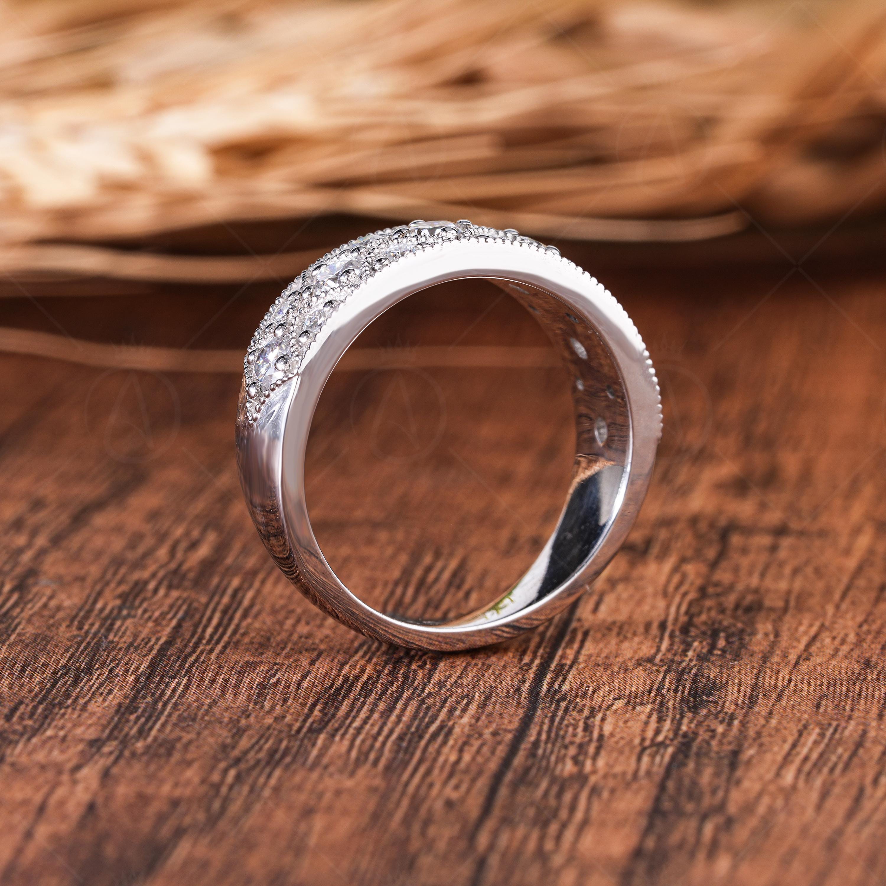 Vintage Art Deco Moissanite Wedding Band, Milgrain Anniversary Ring