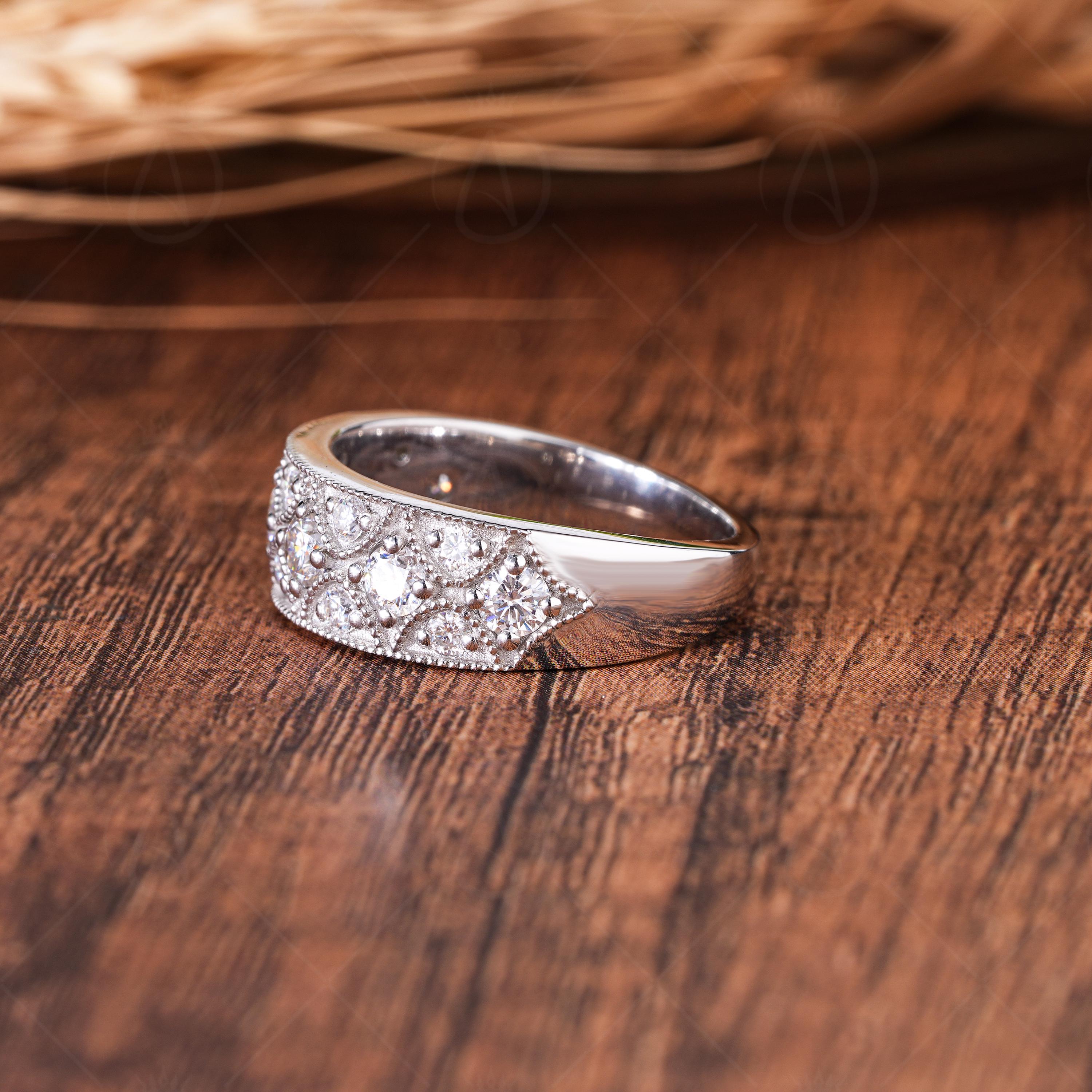 Vintage Art Deco Moissanite Wedding Band, Milgrain Anniversary Ring