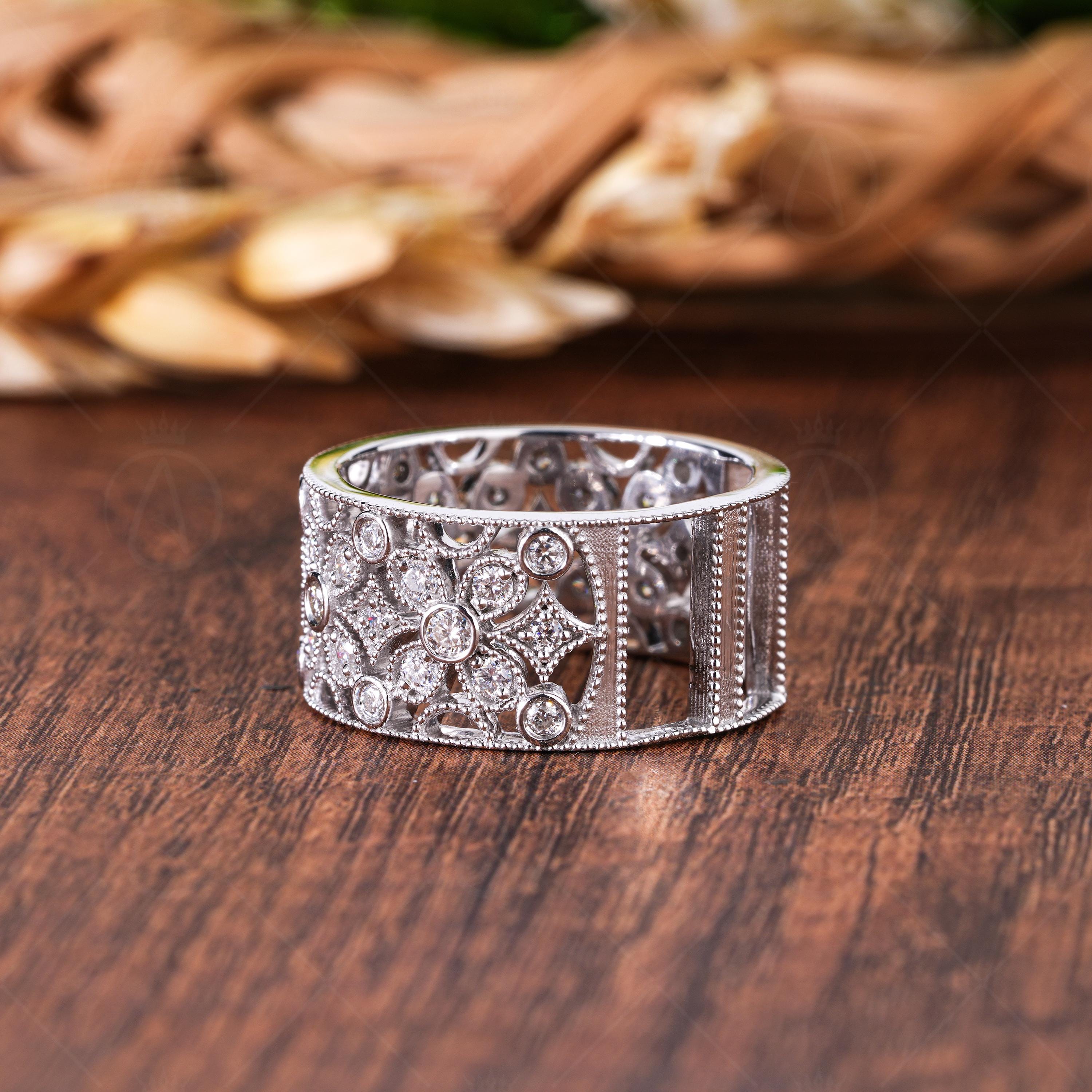 Flower Shape Art Deco Moissanite Wide Wedding Band, Filigree Thick Round Cut Anniversary Ring