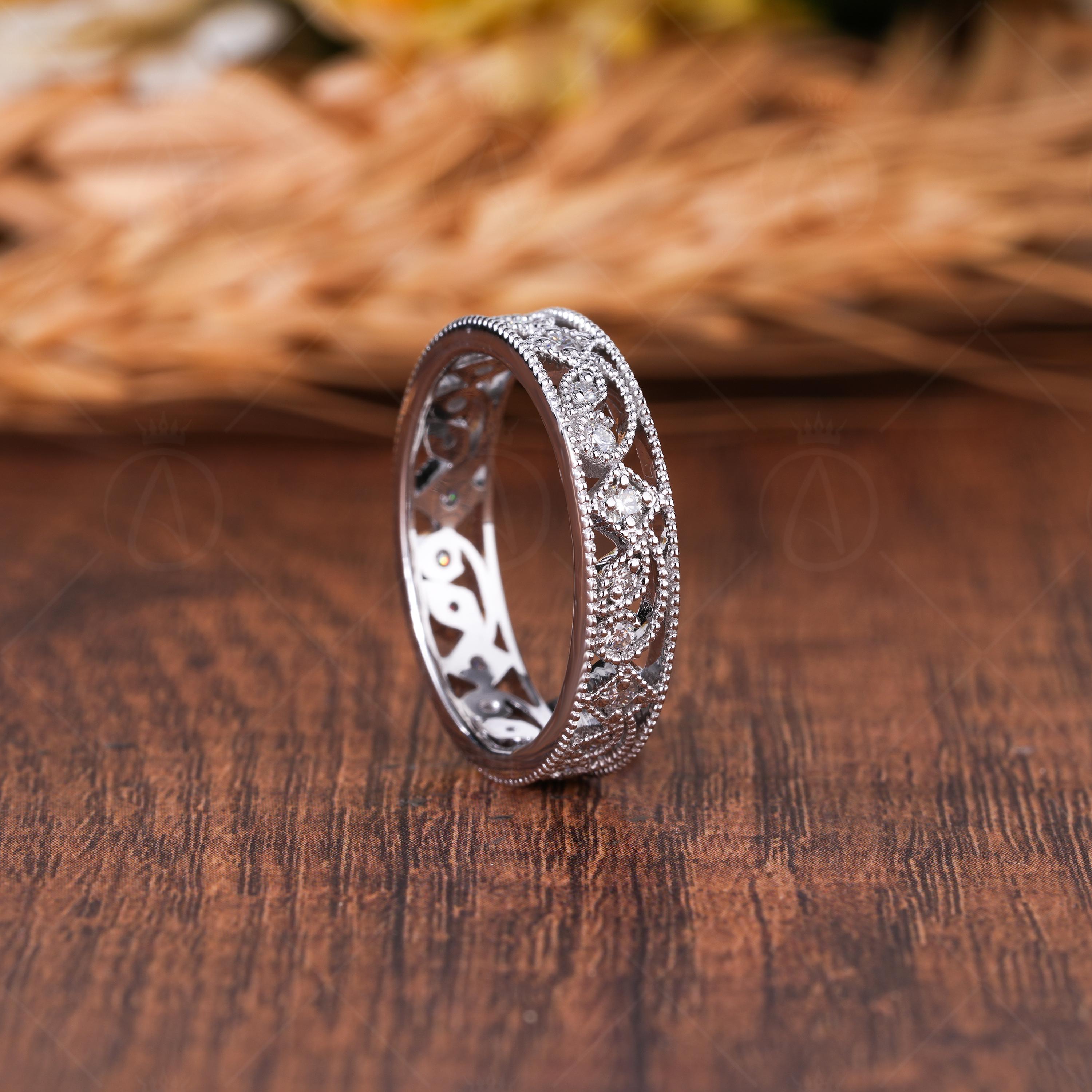 Nature Inspired Moissanite 14K White Gold Wedding Band, Vintage Style Filigree Anniversary Band