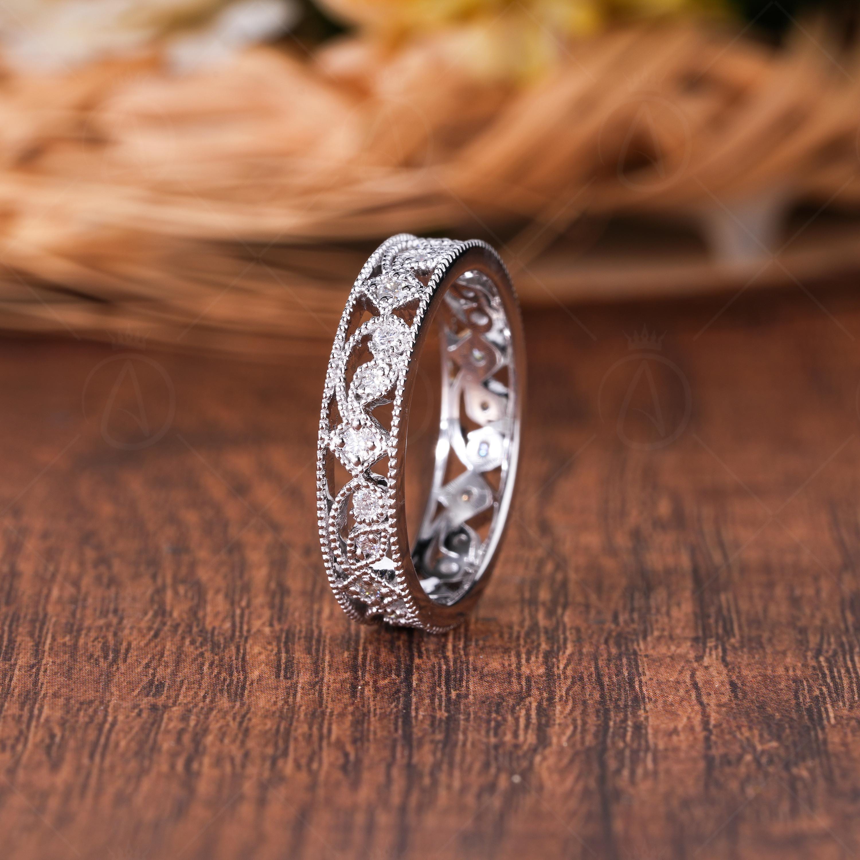 Nature Inspired Moissanite 14K White Gold Wedding Band, Vintage Style Filigree Anniversary Band