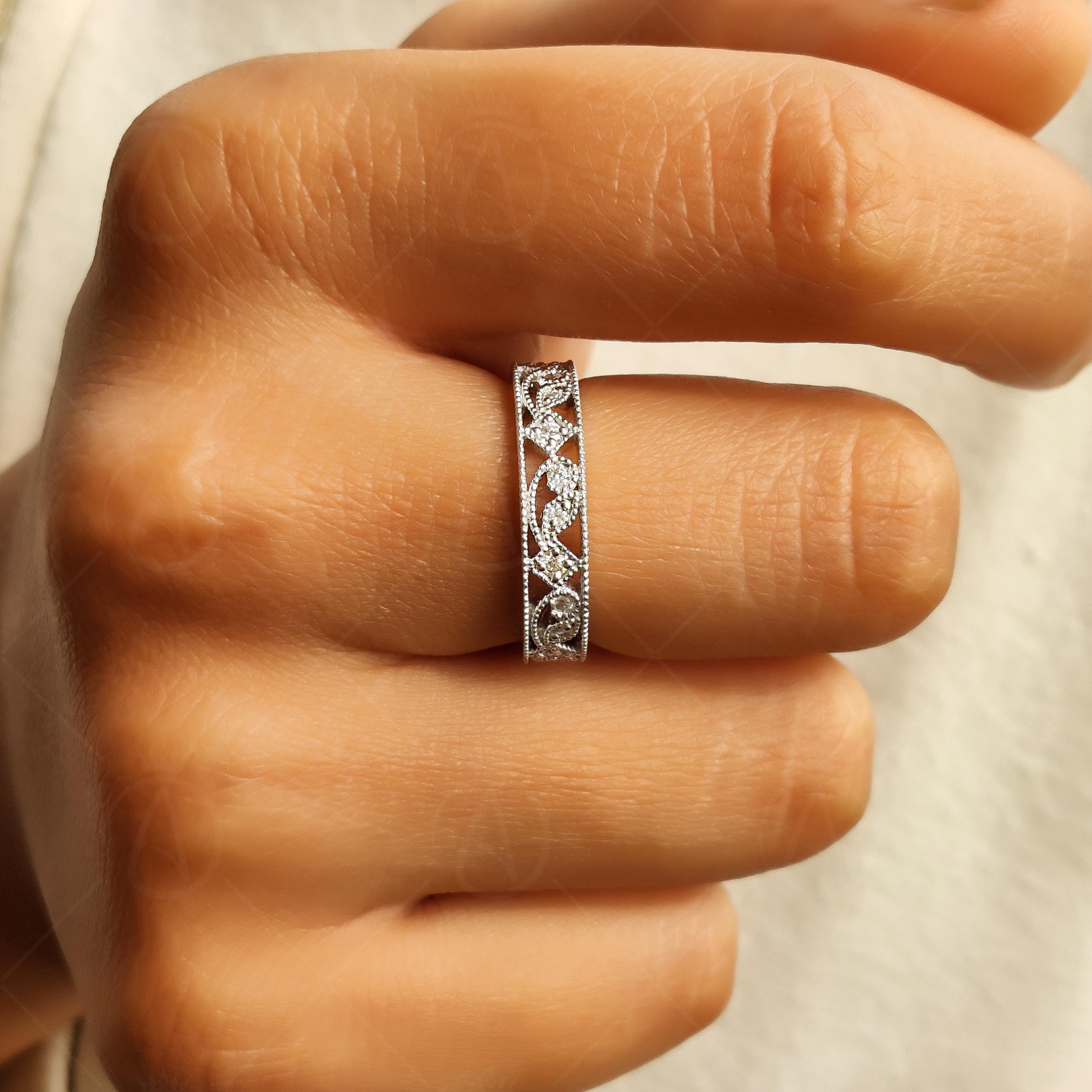 Nature Inspired Moissanite 14K White Gold Wedding Band, Vintage Style Filigree Anniversary Band