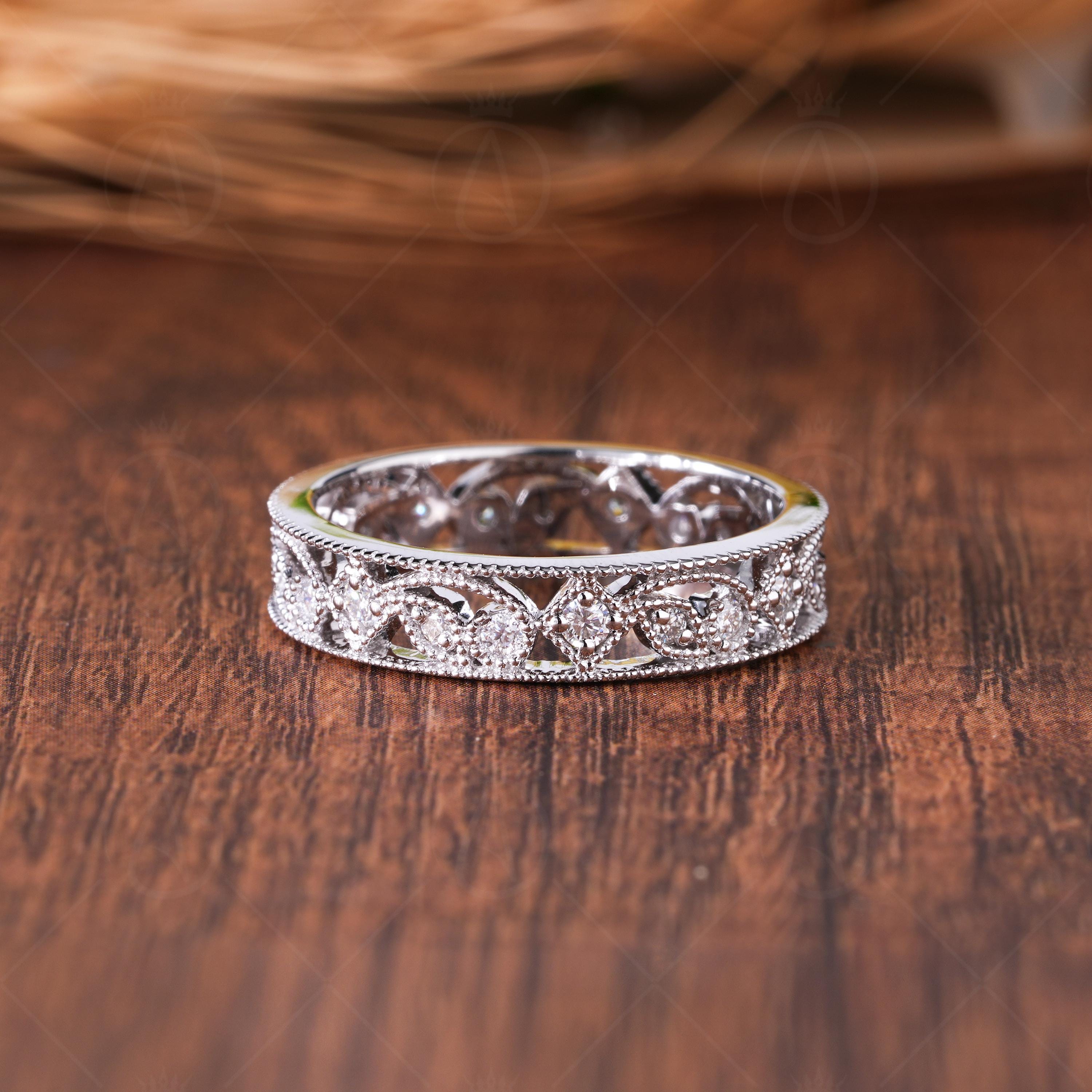 Nature Inspired Moissanite 14K White Gold Wedding Band, Vintage Style Filigree Anniversary Band