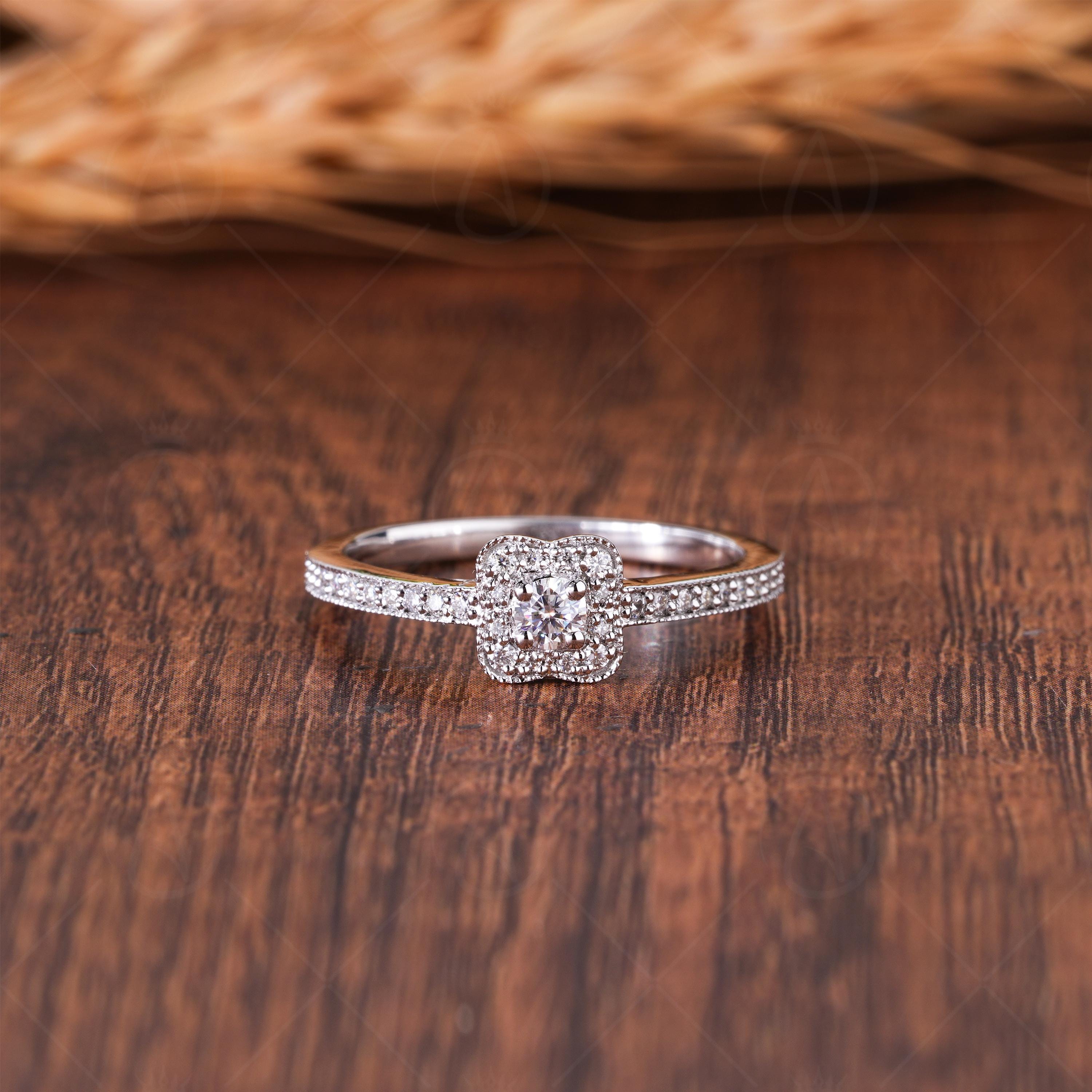 Vintage Inspired Moissanite Round Cut Halo Engagement Ring, Art Deco Heirloom Milgrain Promise Ring