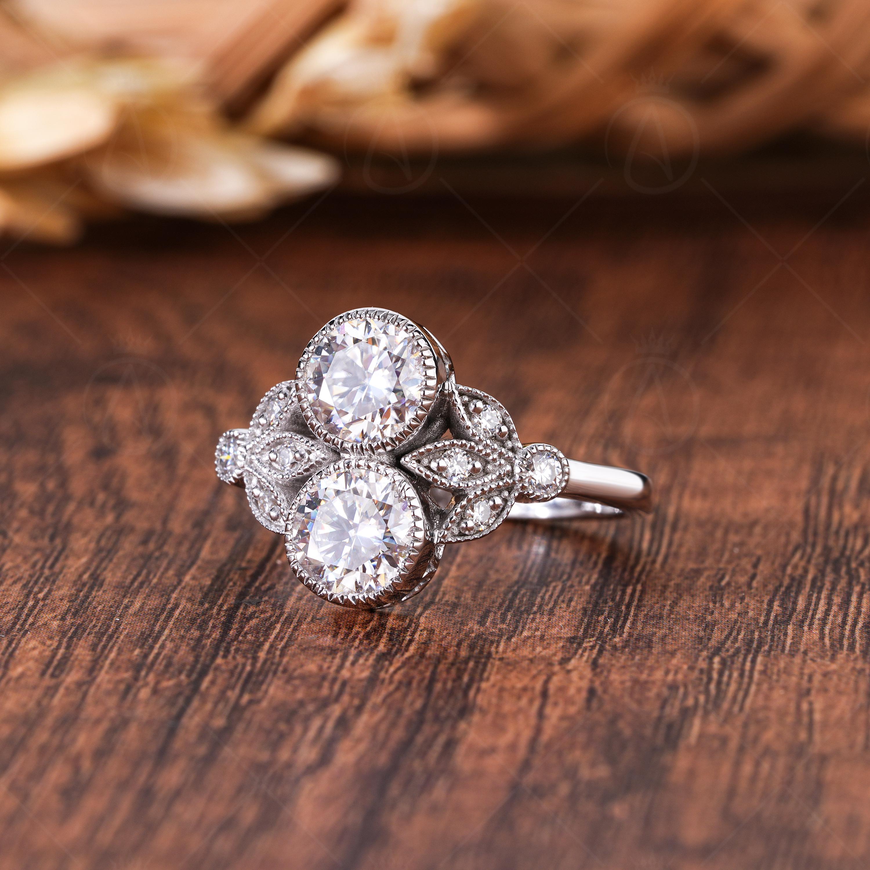 Edwardian Style Toi Et Moi Moissanite Engagement Ring, Art Deco Round Cut Milgrain Ring